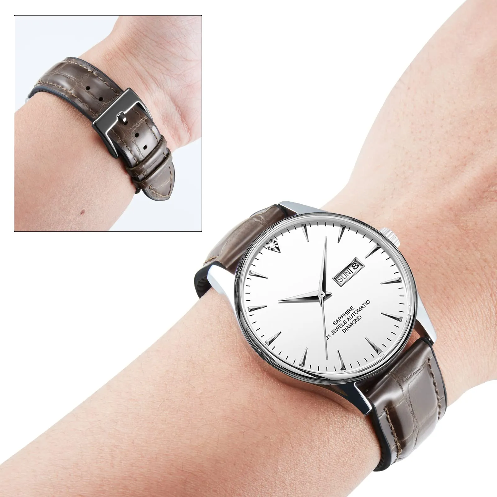 BINLUN Cinturino per Orologio in Pelle 22mm 21mm 20mm 19mm 18mm 16mm 14mm Pelle Modello Alligatore e Silicone Ibrido Cinturini di Ricambio Retrò Cinturino a Sgancio Rapido per Uomo Donna(21mm,Marrone) - immagine 3