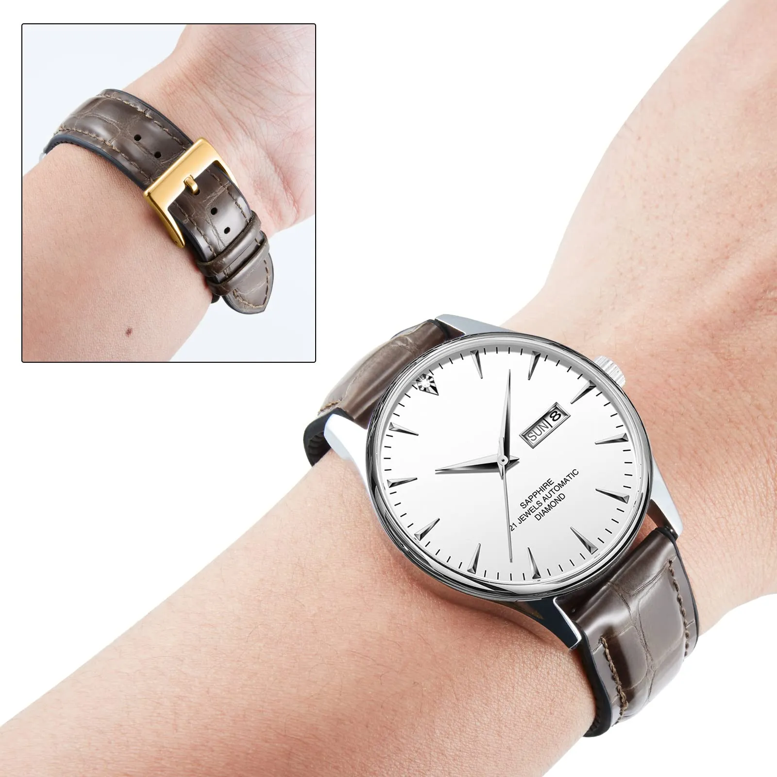 BINLUN Cinturino per Orologio in Pelle 22mm 21mm 20mm 19mm 18mm 16mm 14mm Pelle Modello Alligatore e Silicone Ibrido Cinturini di Ricambio Retrò Cinturino a Sgancio Rapido per Uomo Donna(14mm,Marrone) - immagine 3