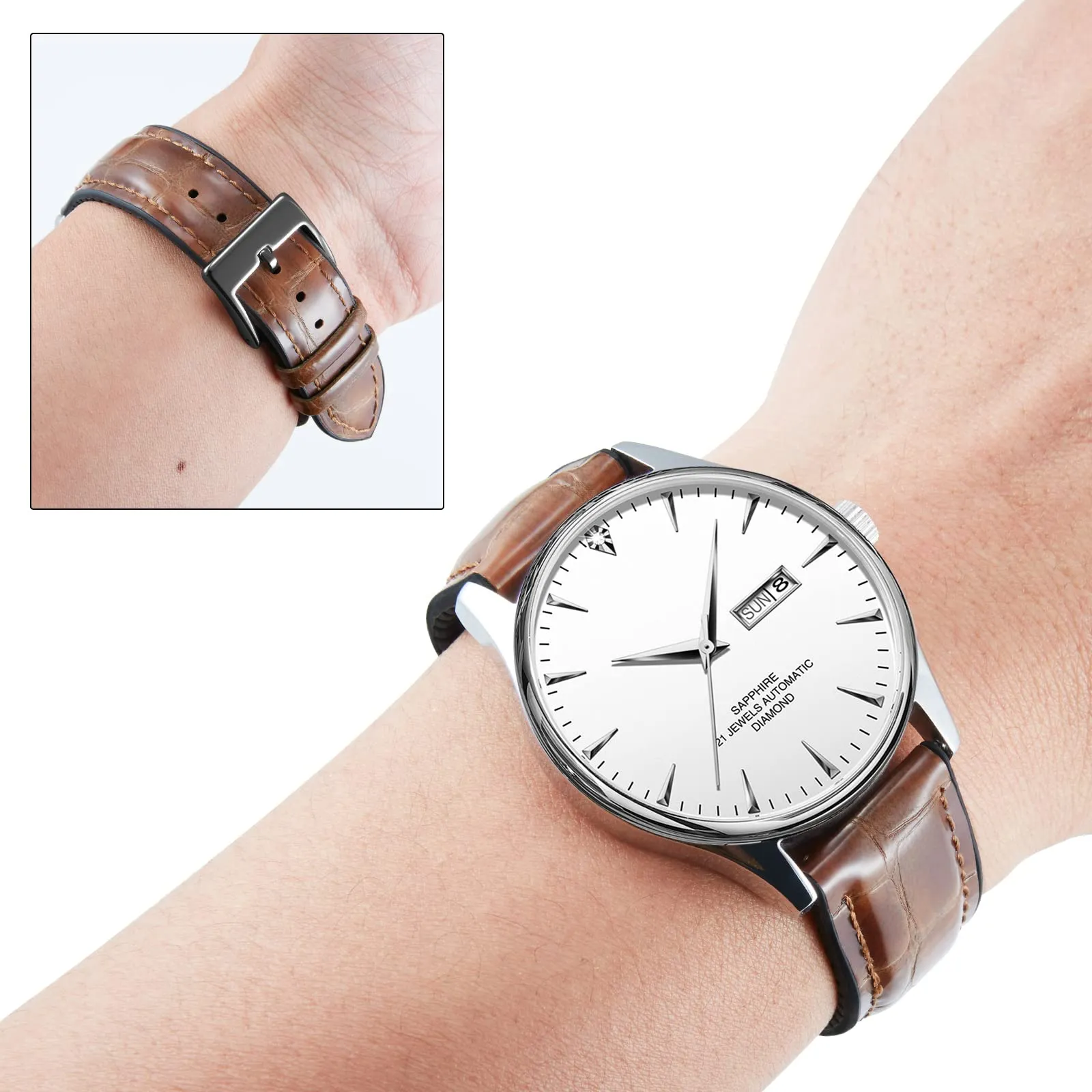 BINLUN Cinturino per Orologio in Pelle 22mm 21mm 20mm 19mm 18mm 16mm 14mm Pelle Modello Alligatore e Silicone Cinturini di Ricambio Retrò Cinturino a Sgancio Rapido per Uomo Donna(18mm,Marrone Chiaro) - immagine 3