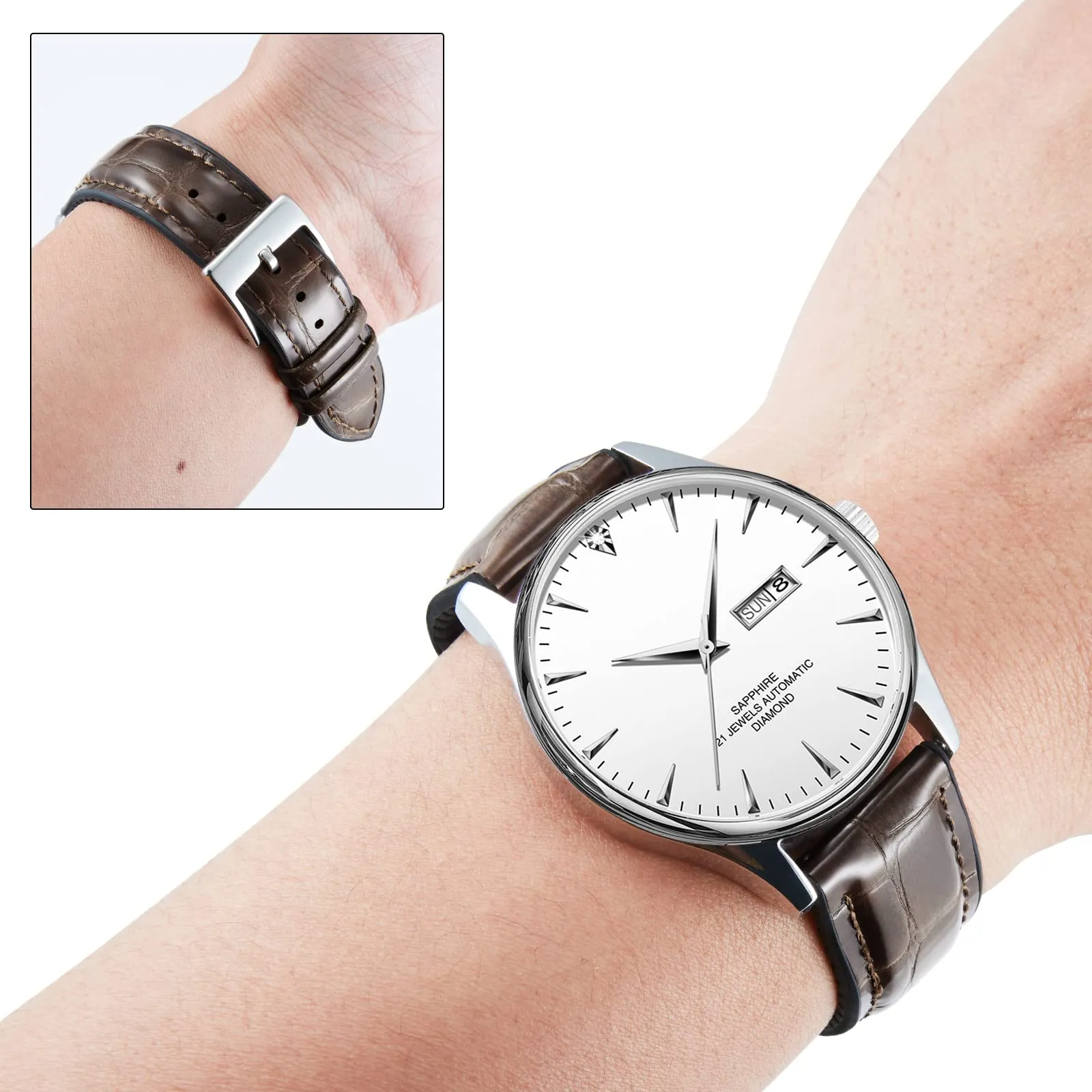 BINLUN Cinturino per Orologio in Pelle 22mm 21mm 20mm 19mm 18mm 16mm 14mm Pelle Modello Alligatore e Silicone Ibrido Cinturini di Ricambio Retrò Cinturino a Sgancio Rapido per Uomo Donna(19mm,Marrone) - immagine 3