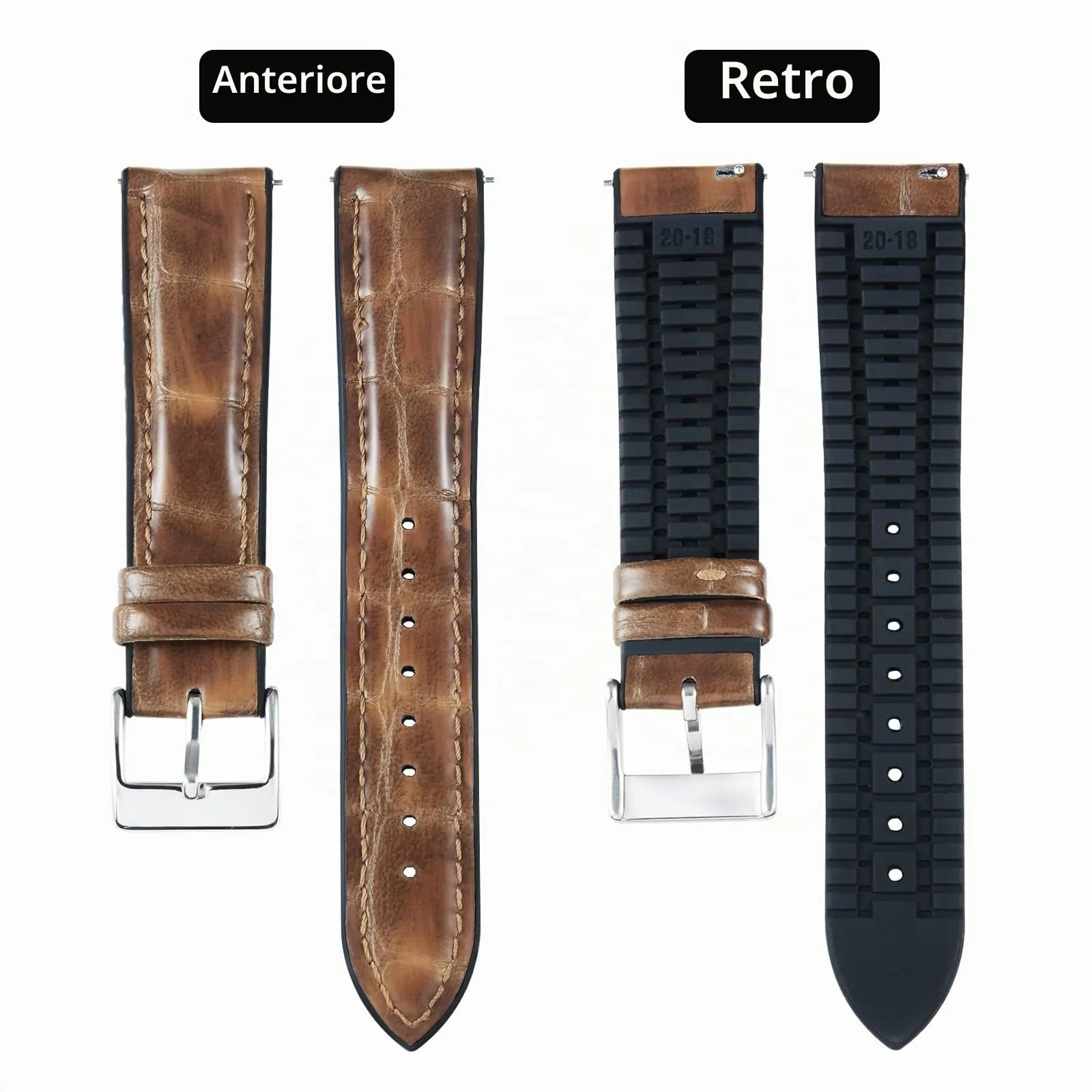 BINLUN Cinturino per Orologio in Pelle 22mm 21mm 20mm 19mm 18mm 16mm 14mm Pelle Modello Alligatore e Silicone Cinturini di Ricambio Retrò Cinturino a Sgancio Rapido per Uomo Donna(20mm,Marrone Chiaro) - immagine 2