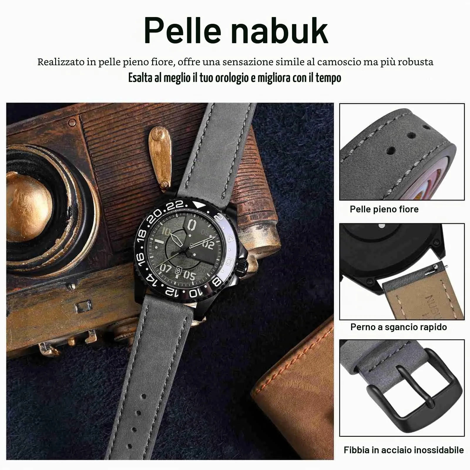 WOCCI 18mm Retrò Cinturino in Pelle per Uomo e Donna, Cinturino a Sgancio Rapido con Fibbia Nera (Grigio) - immagine 4