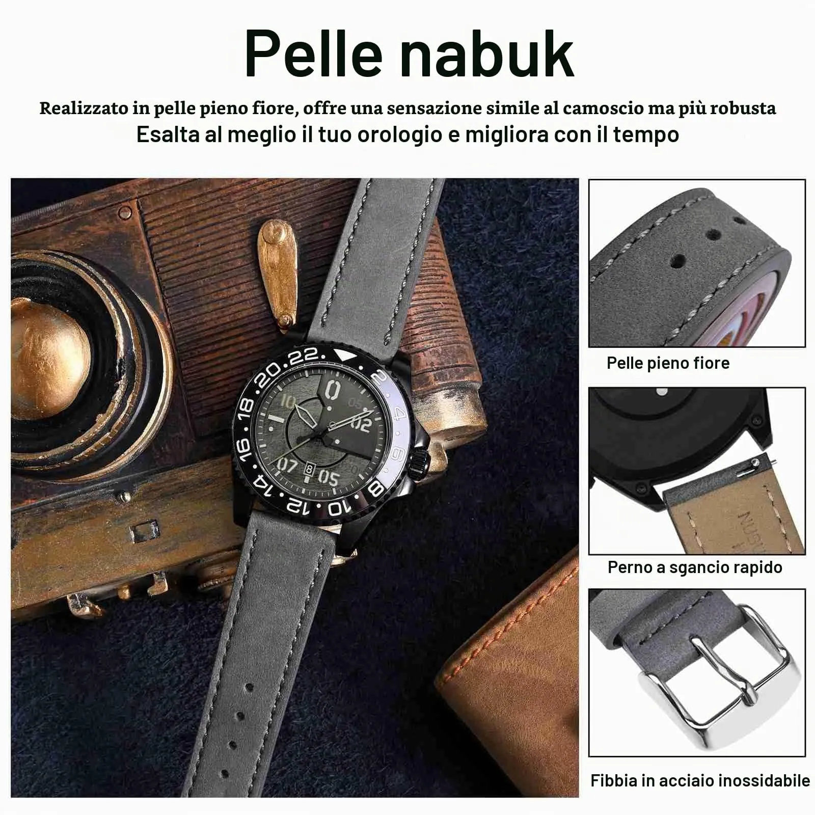 WOCCI 18mm Retrò Cinturino in Pelle per Uomo e Donna, Cinturino a Sgancio Rapido con Fibbia Argento (Grigio) - immagine 4