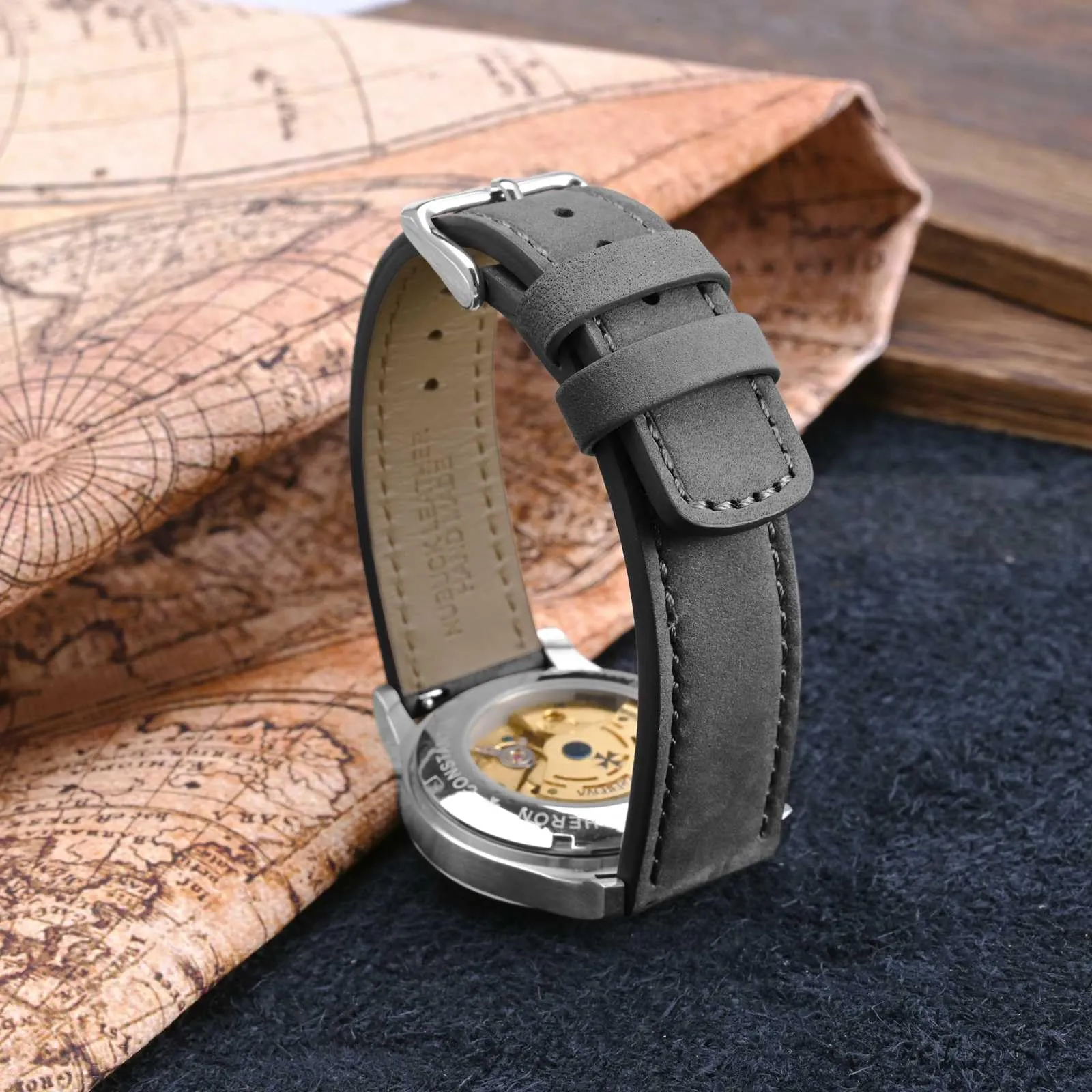 WOCCI 20mm Retrò Cinturino in Pelle per Uomo e Donna, Cinturino a Sgancio Rapido con Fibbia Nera (Grigio) - immagine 7