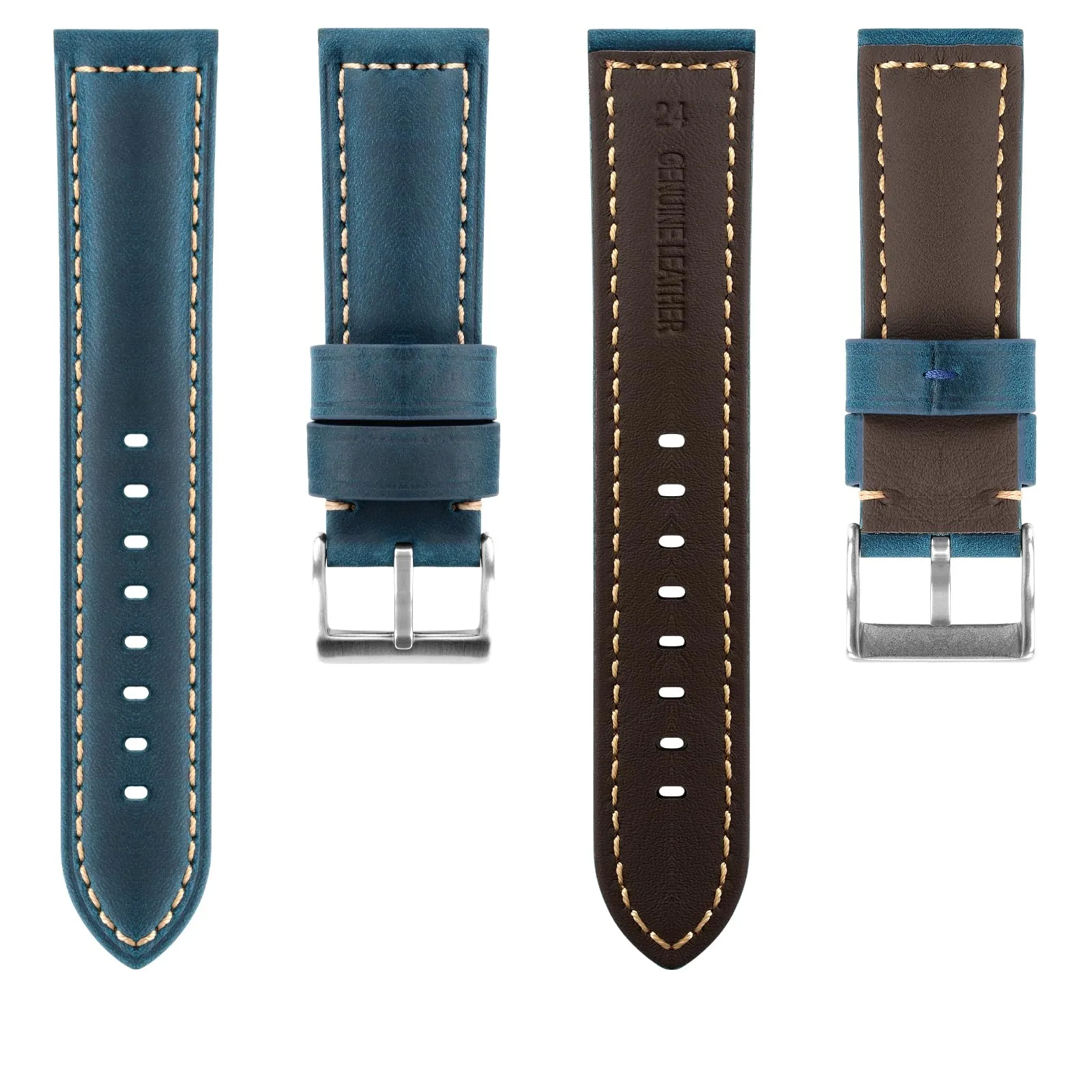 TStrap Cinturino Pelle Orologio 22mm - Blu Cuoio Vintage Elegante Cinturini Uomo - Flessibile Spessore Militari Bracciale di Ricambio Fibbia per Smartwatch - 20mm 22mm 24mm - immagine 2