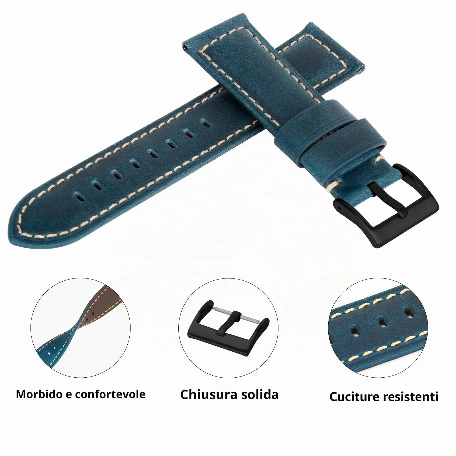 TStrap Cinturino Pelle Orologio 20mm - Blu Cuoio Vintage Elegante Cinturini Uomo - Flessibile Spessore Militari Bracciale di Ricambio Fibbia per Smartwatch - 20mm 22mm 24mm - immagine 3