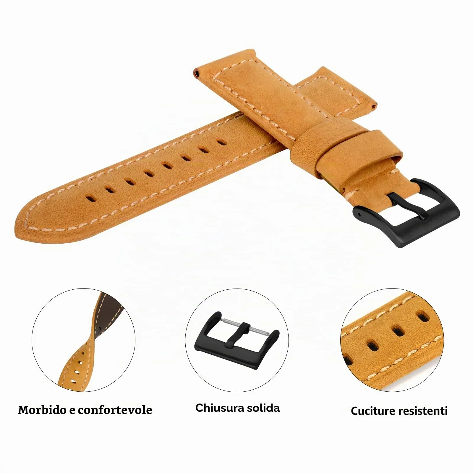 TStrap Cinturino Pelle Orologio 24mm - Marrone Cuoio Vintage Elegante Cinturini Uomo - Flessibile Spessore Militari Bracciale di Ricambio Fibbia per Smartwatch - 20mm 22mm 24mm - immagine 3