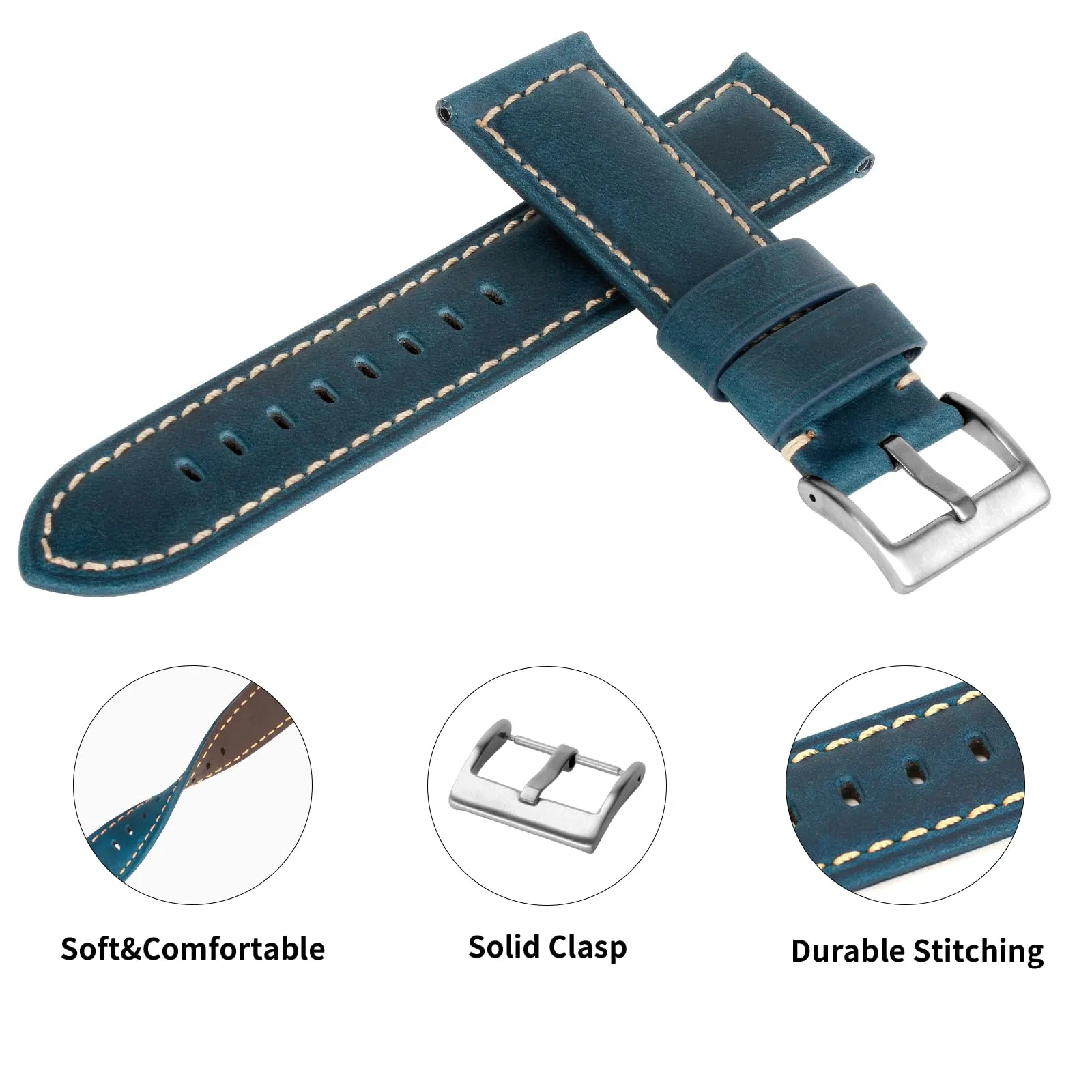 TStrap Cinturino Pelle Orologio 20mm - Blu Cuoio Vintage Elegante Cinturini Uomo - Flessibile Spessore Militari Bracciale di Ricambio Fibbia per Smartwatch - 20mm 22mm 24mm - immagine 3