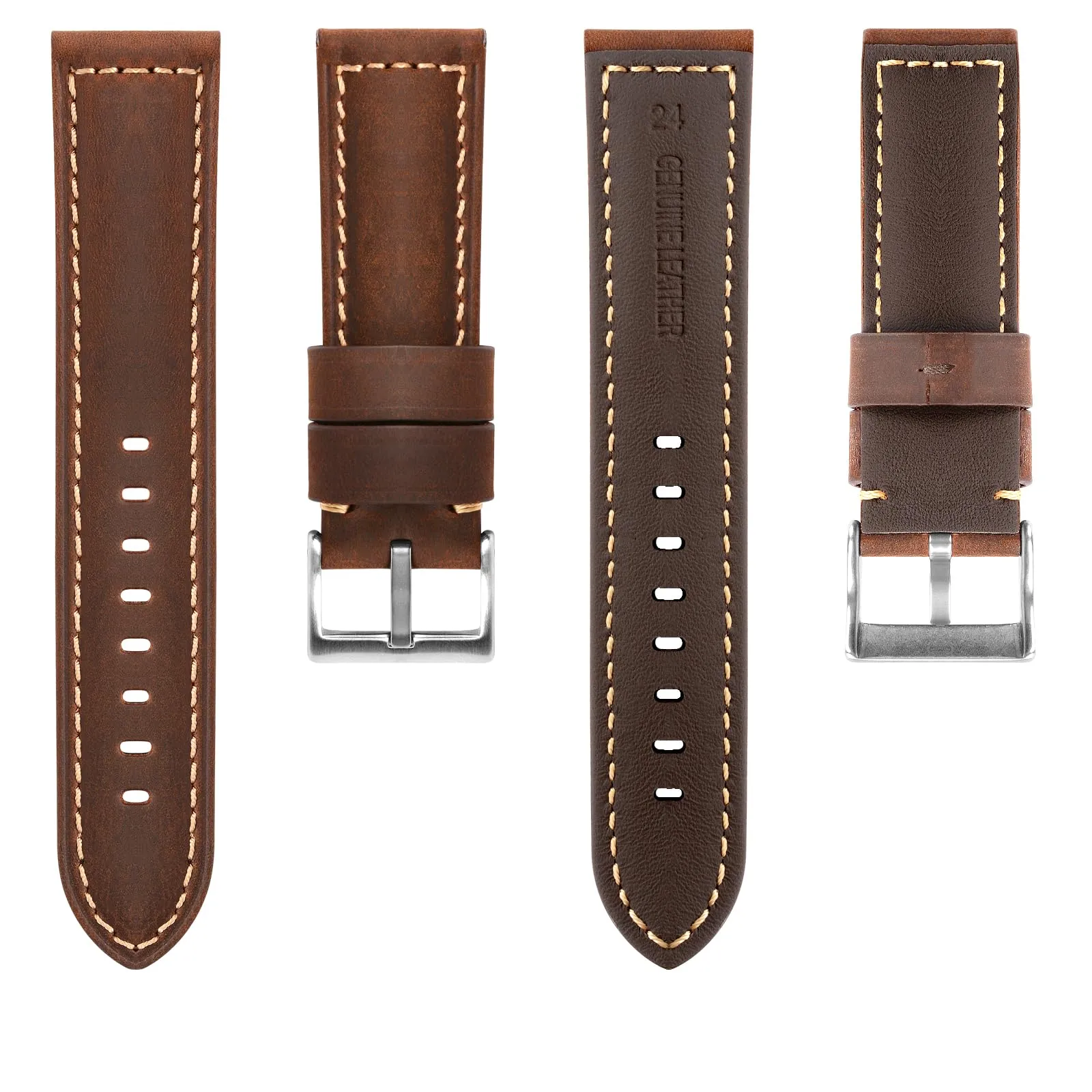 TStrap Cinturino Pelle Orologio 20mm - Marrone Scuro Cuoio Vintage Elegante Cinturini Uomo - Flessibile Spessore Militari Bracciale di Ricambio Fibbia per Smartwatch - 20mm 22mm 24mm - immagine 2