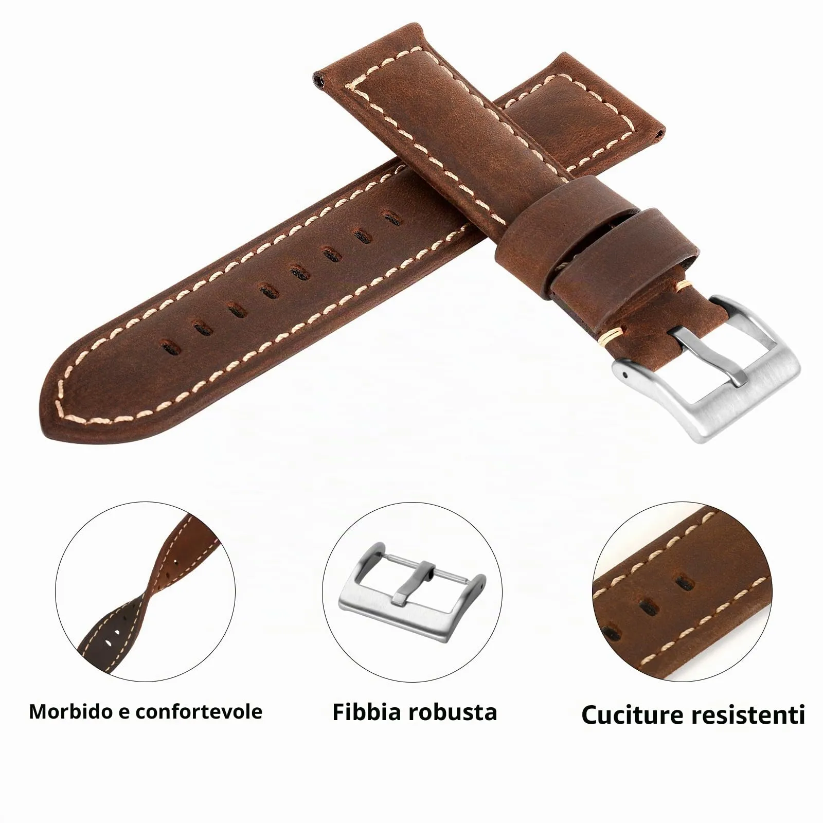 TStrap Cinturino Pelle Orologio 20mm - Marrone Scuro Cuoio Vintage Elegante Cinturini Uomo - Flessibile Spessore Militari Bracciale di Ricambio Fibbia per Smartwatch - 20mm 22mm 24mm - immagine 3