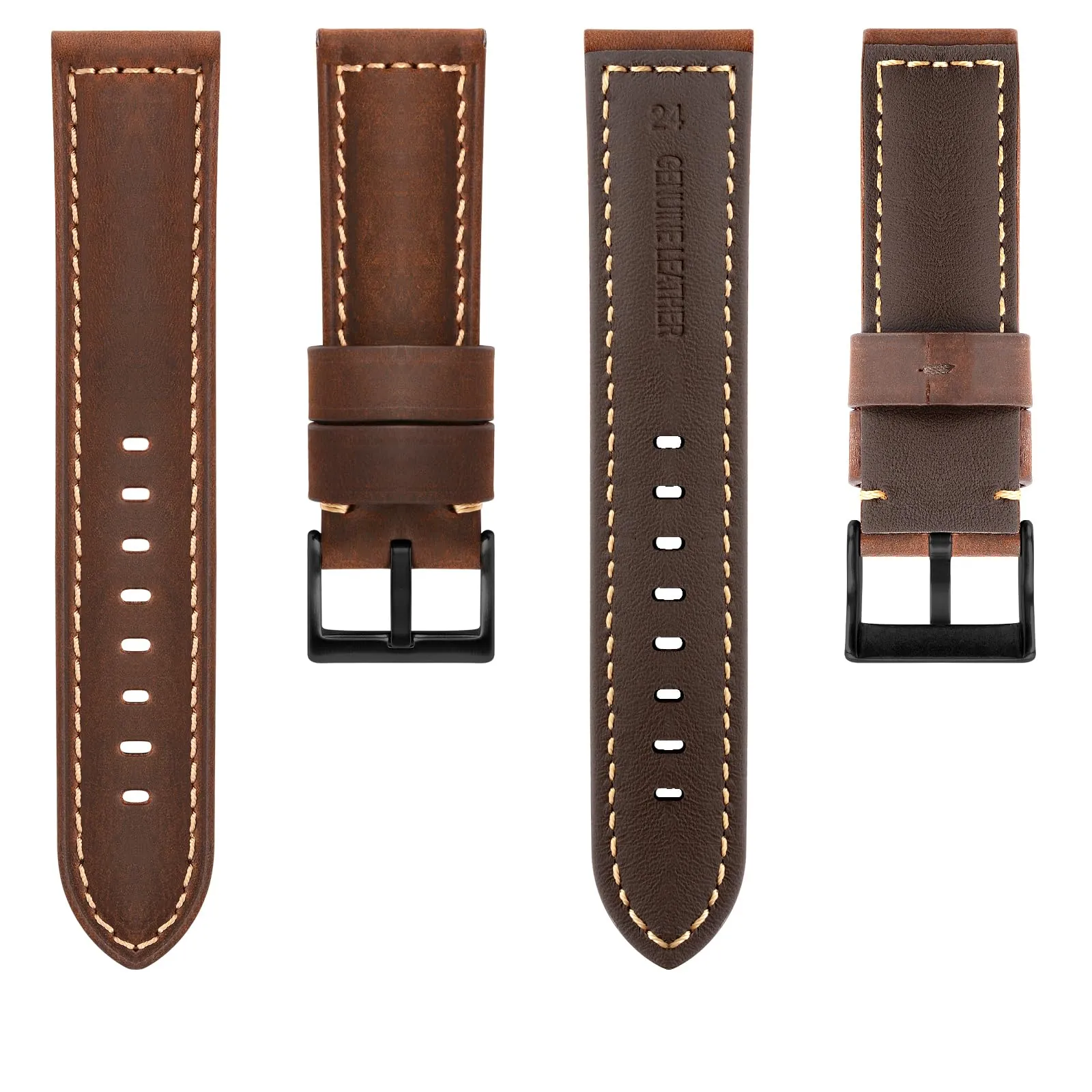 TStrap Cinturino Pelle Orologio 22mm - Marrone Scuro Cuoio Vintage Elegante Cinturini Uomo - Flessibile Spessore Militari Bracciale di Ricambio Fibbia per Smartwatch - 20mm 22mm 24mm - immagine 2