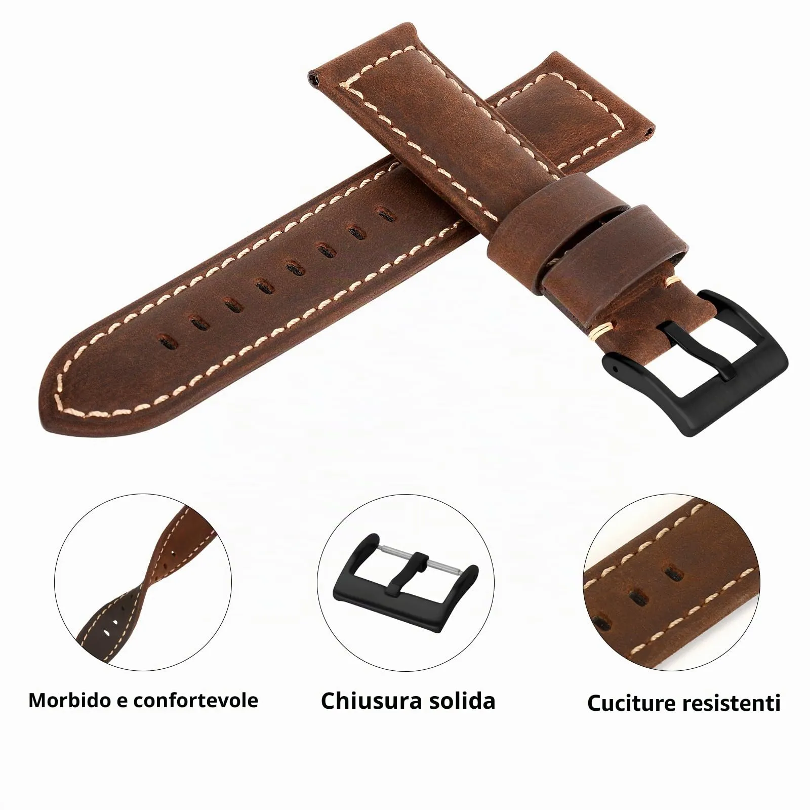 TStrap Cinturino Pelle Orologio 24mm - Marrone Scuro Cuoio Vintage Elegante Cinturini Uomo - Flessibile Spessore Militari Bracciale di Ricambio Fibbia per Smartwatch - 20mm 22mm 24mm - immagine 3