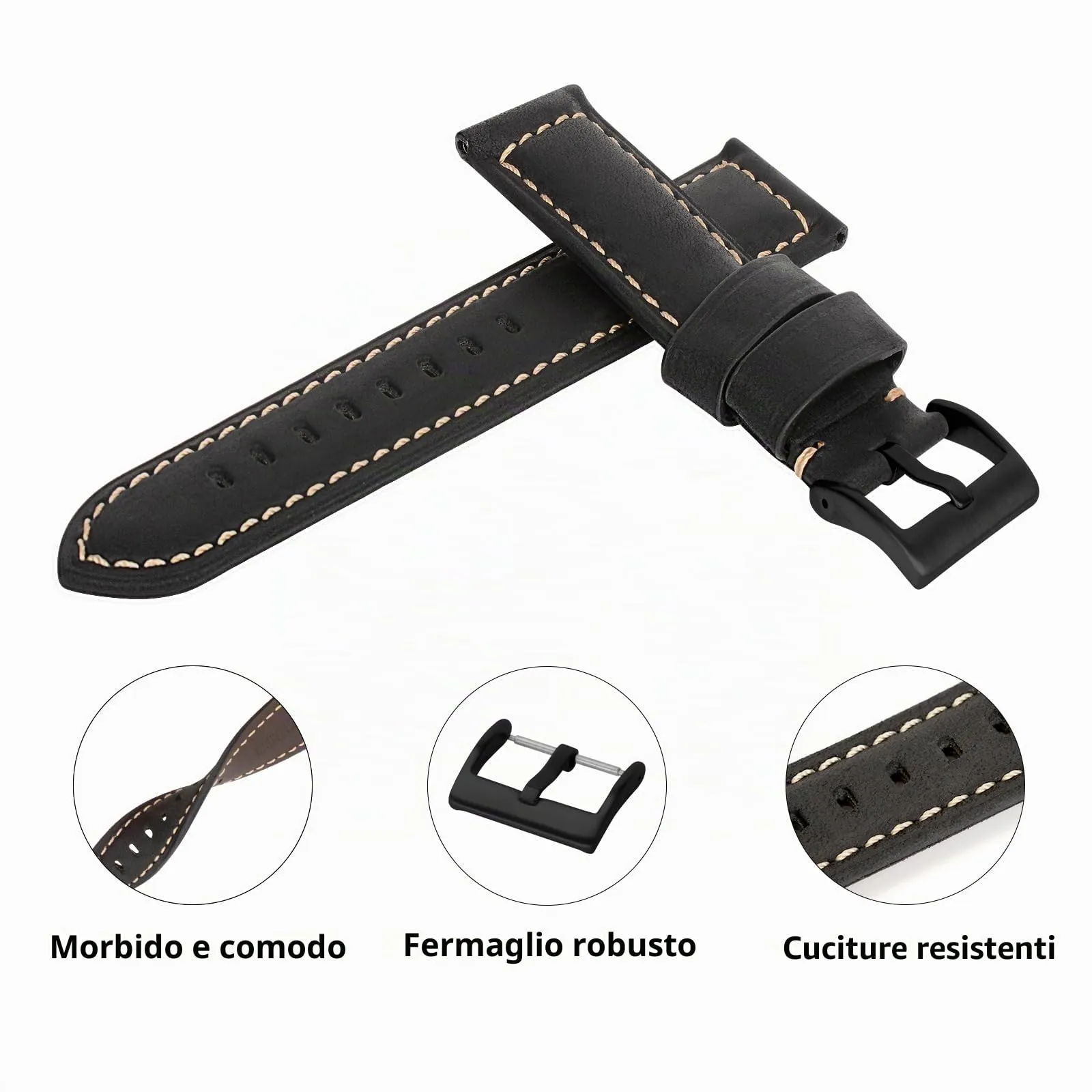 TStrap Cinturino Pelle Orologio 22mm - Nero Cuoio Vintage Elegante Cinturini Uomo - Flessibile Spessore Militari Bracciale di Ricambio Fibbia per Smartwatch - 20mm 22mm 24mm - immagine 3