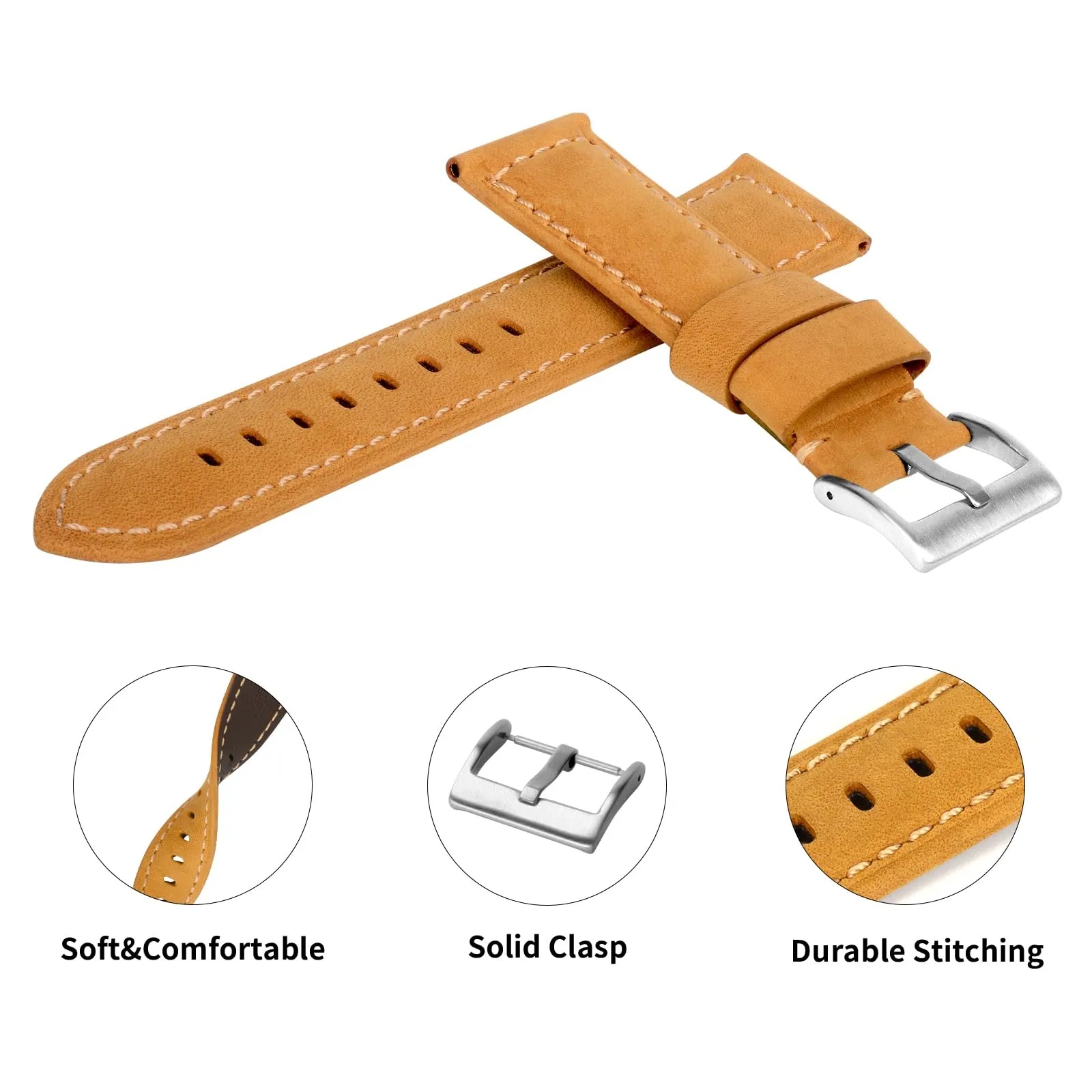 TStrap Cinturino Pelle Orologio 24mm - Marrone Cuoio Vintage Elegante Cinturini Uomo - Flessibile Spessore Militari Bracciale di Ricambio Fibbia per Smartwatch - 20mm 22mm 24mm - immagine 3