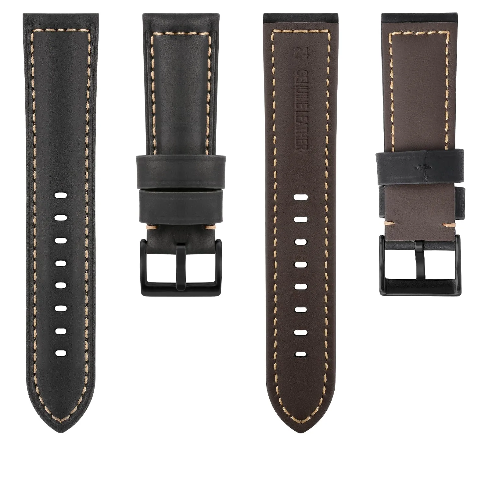 TStrap Cinturino Pelle Orologio 24mm - Nero Cuoio Vintage Elegante Cinturini Uomo - Flessibile Spessore Militari Bracciale di Ricambio Fibbia per Smartwatch - 20mm 22mm 24mm - immagine 2