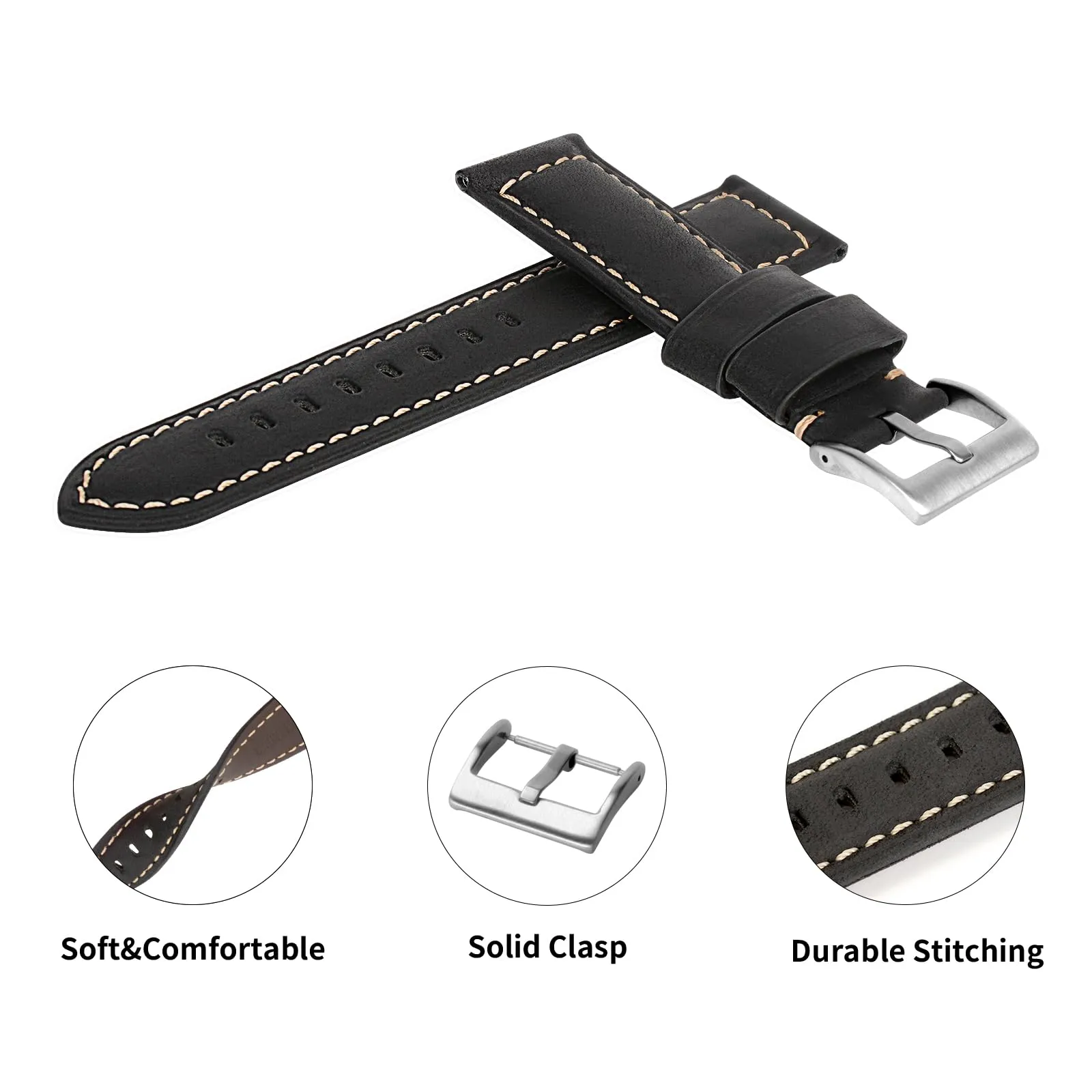 TStrap Cinturino Pelle Orologio 20mm - Nero Cuoio Vintage Elegante Cinturini Uomo - Flessibile Spessore Militari Bracciale di Ricambio Fibbia per Smartwatch - 20mm 22mm 24mm - immagine 3