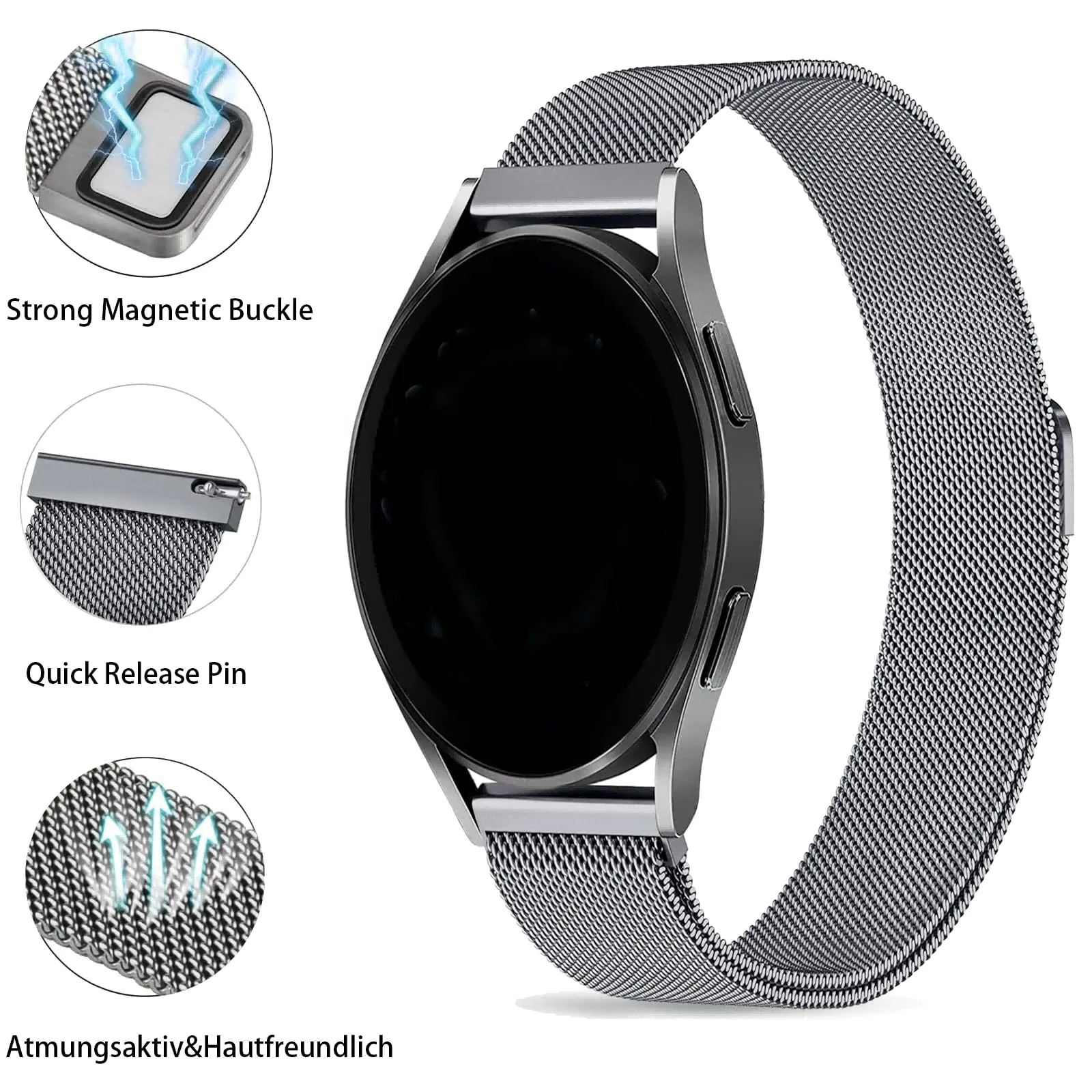 KUBFDL Cinturino di ricambio per smartwatch, in acciaio inox, 14 mm, 16 mm, 18 mm, 20 mm, 22 mm, 24 mm, chiusura magnetica, chiusura rapida, per uomo e donna, 20mm, Acciaio inossidabile - immagine 2