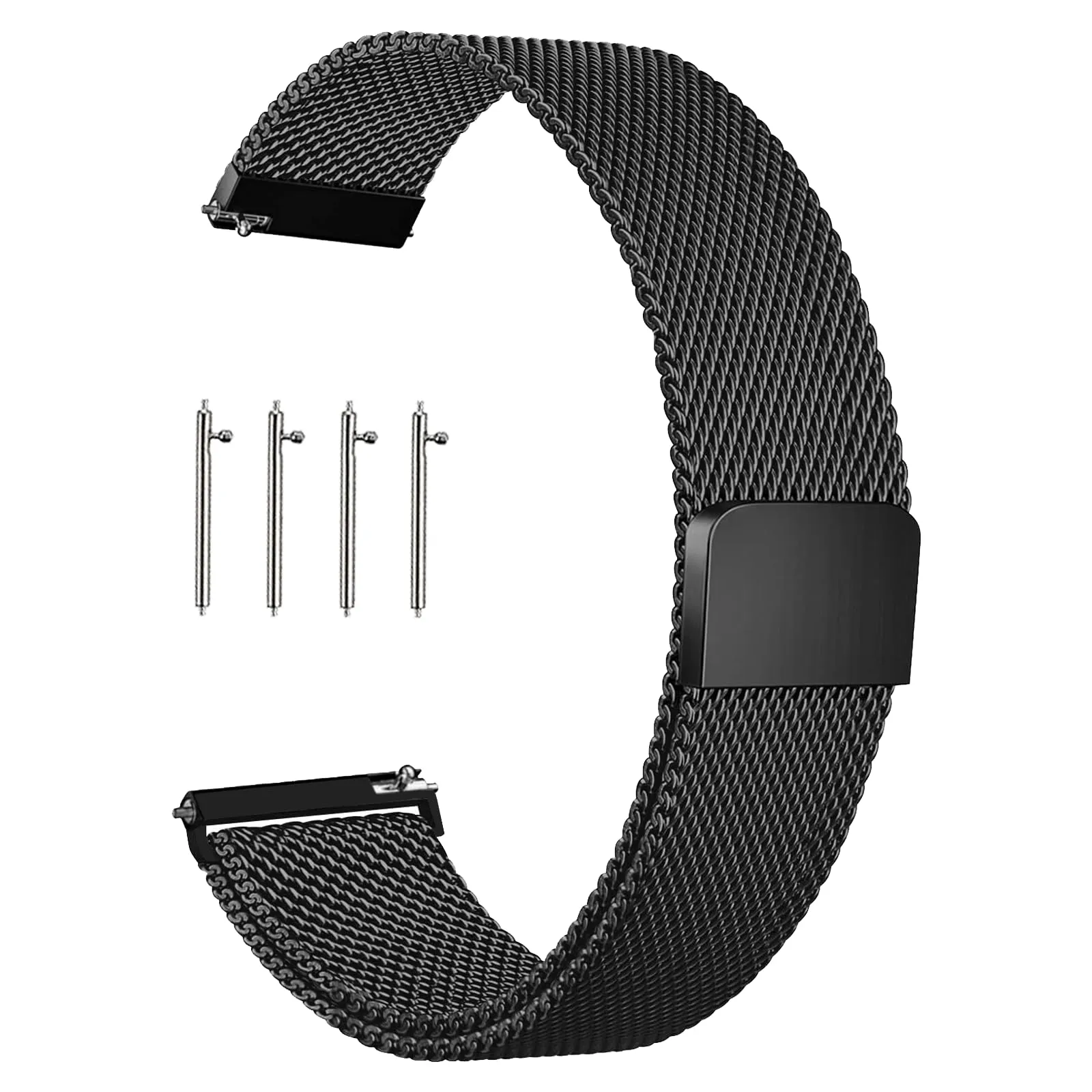KUBFDL Cinturino di ricambio per smartwatch, in acciaio inox, 14 mm, 16 mm, 18 mm, 20 mm, 22 mm, 24 mm, chiusura magnetica, chiusura rapida, per uomo e donna, 20mm, Acciaio inossidabile, Nero - immagine 1