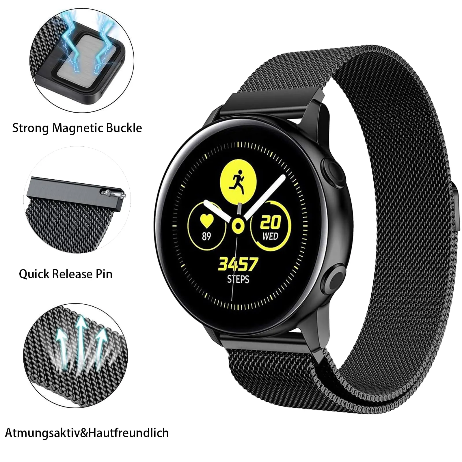 KUBFDL Cinturino di ricambio per smartwatch, in acciaio inox, 14 mm, 16 mm, 18 mm, 20 mm, 22 mm, 24 mm, chiusura magnetica, chiusura rapida, per uomo e donna, 20mm, Acciaio inossidabile, Nero - immagine 2