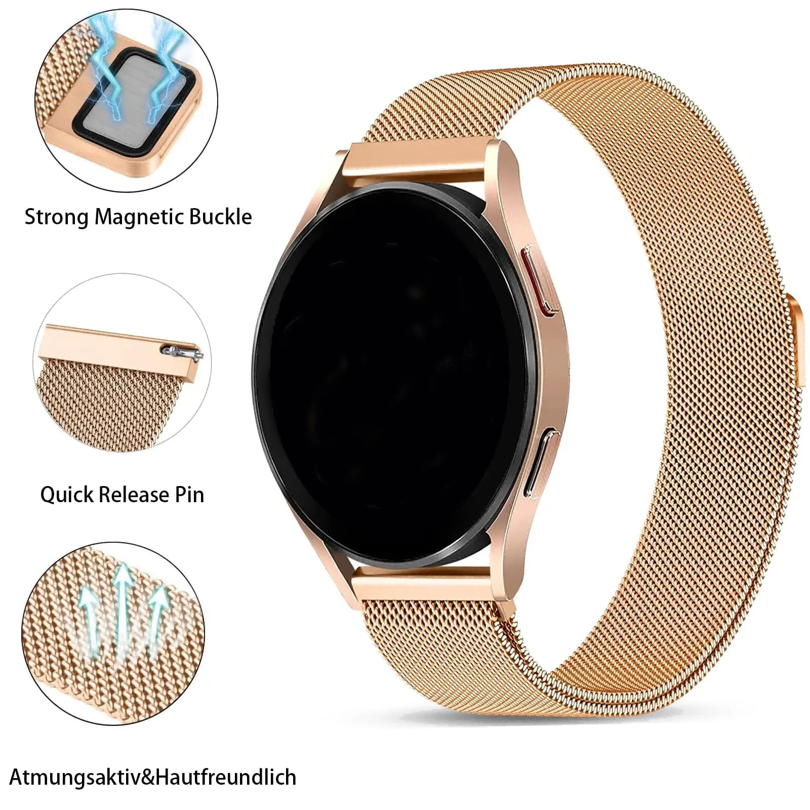 KUBFDL Cinturino di ricambio per smartwatch, in acciaio inox, 14 mm, 16 mm, 18 mm, 20 mm, 22 mm, 24 mm, chiusura magnetica, chiusura rapida, per uomo e donna, 20mm, Acciaio inossidabile, oro rosa - immagine 2