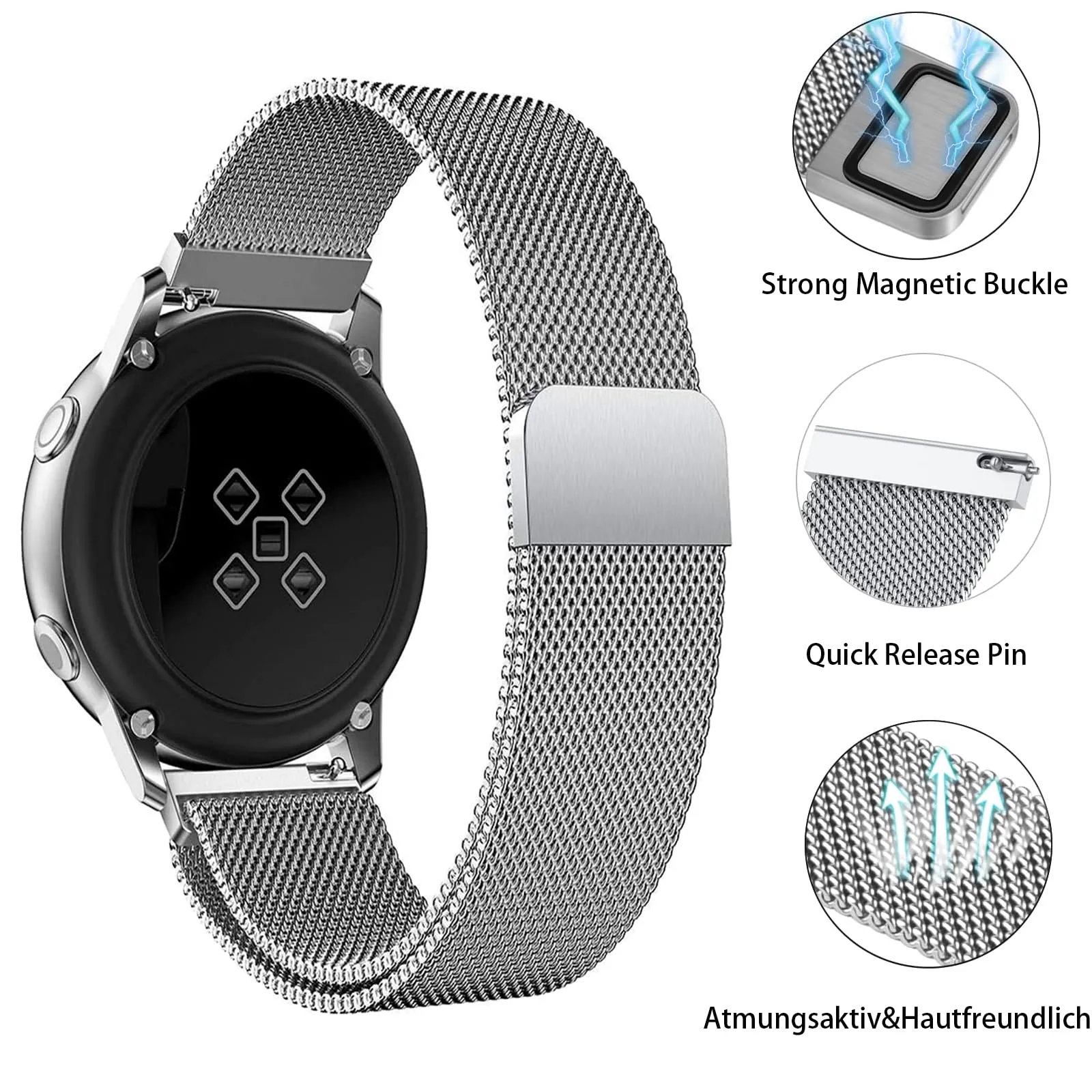 KUBFDL Cinturino di ricambio per smartwatch, in acciaio inox, 14 mm, 16 mm, 18 mm, 20 mm, 22 mm, 24 mm, chiusura magnetica, chiusura rapida, per uomo e donna, 24mm, Acciaio inossidabile - immagine 2