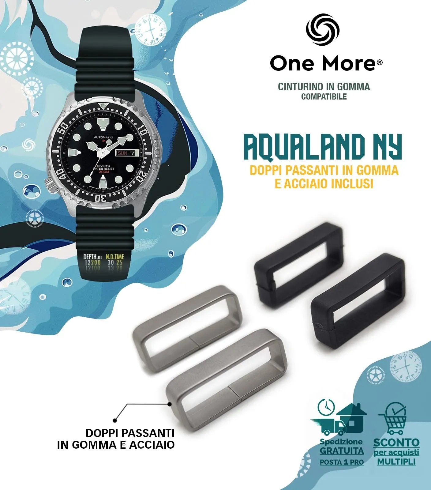 Generico Cinturino in Gomma compatibile con Promaster Aqualand orologio Ny 0040 jp2000 nd limits strap da 20mm 22mm 24mm universale per Sub Diver sport Black (22mm) - immagine 4