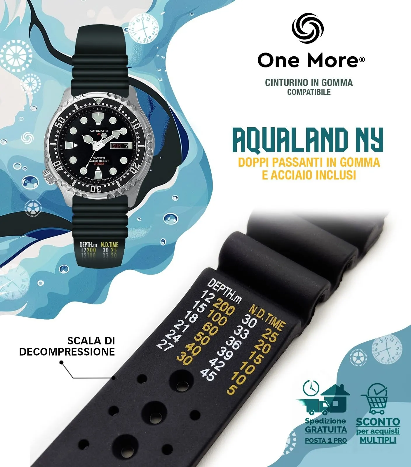 Generico Cinturino in Gomma compatibile con Promaster Aqualand orologio Ny 0040 jp2000 nd limits strap da 20mm 22mm 24mm universale per Sub Diver sport Black (20mm) - immagine 3