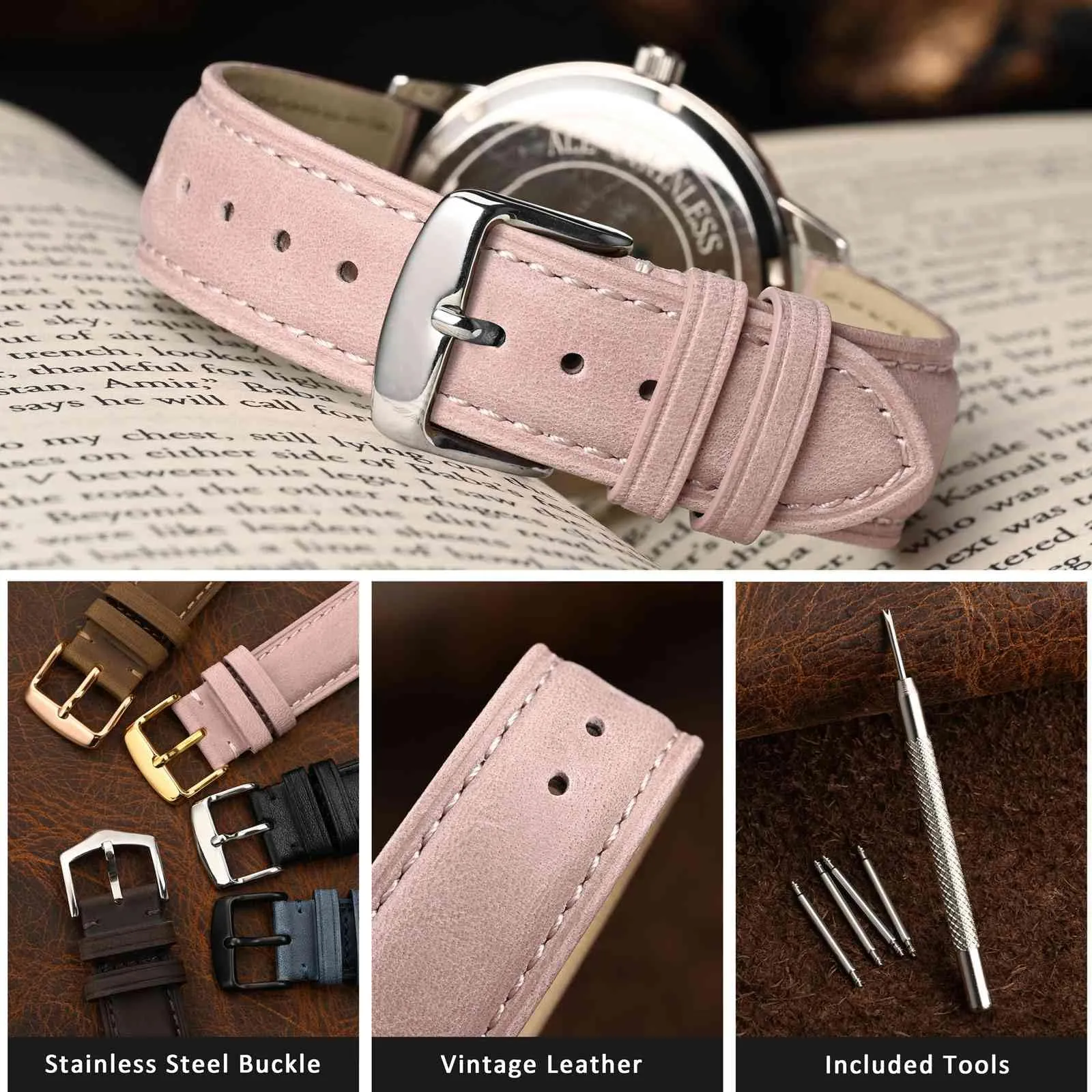 WOCCI 16mm Vintage Cinturino Orologio in Pelle con Fibbia Argento, Cinturino di Ricambio (Rosa) - immagine 3