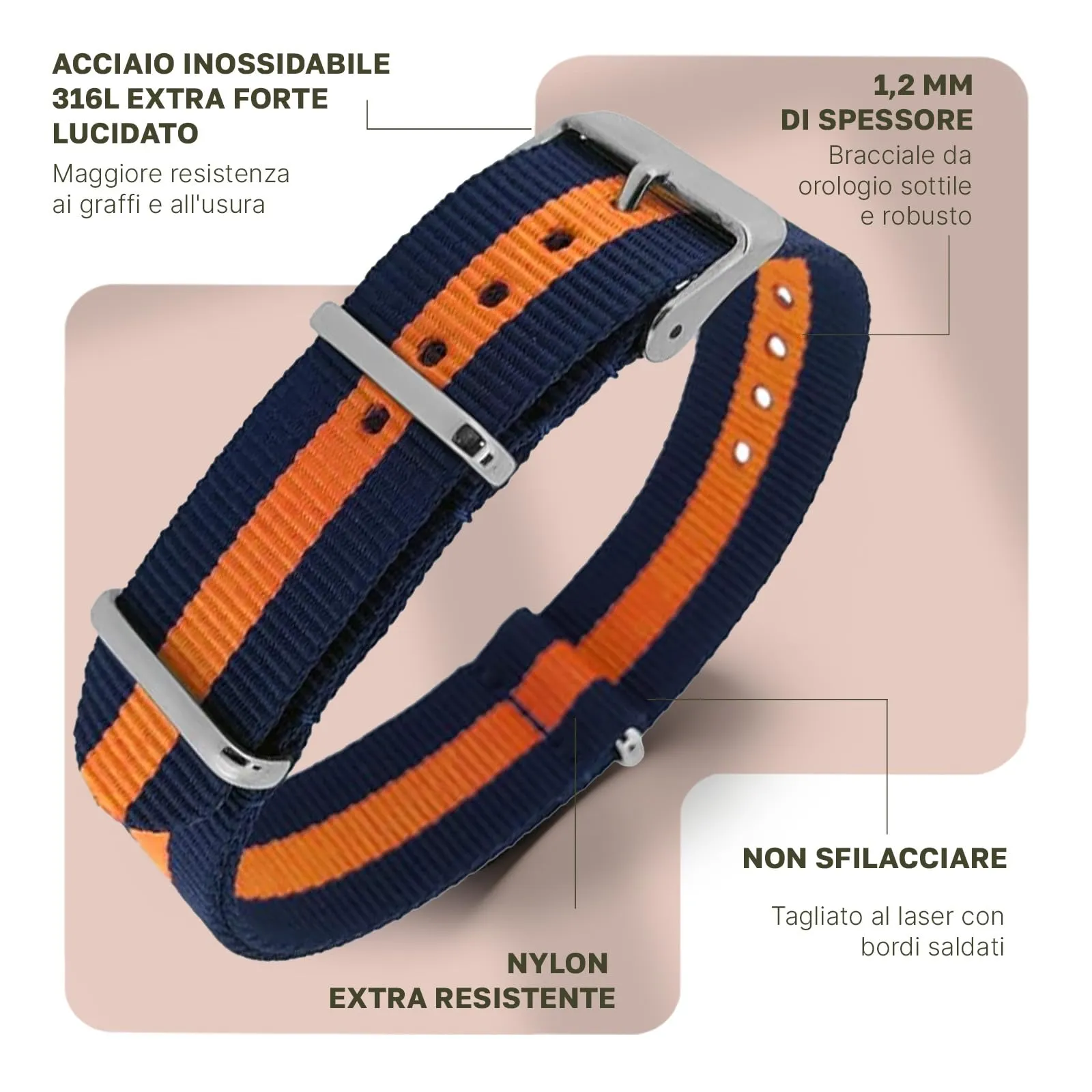 Natos.com - Cinturino NATO per Orologio in Nylon Militare G10, Uomo e Donna, Fibbia in Acciaio Inossidabile - 18mm 20mm 22mm - immagine 2