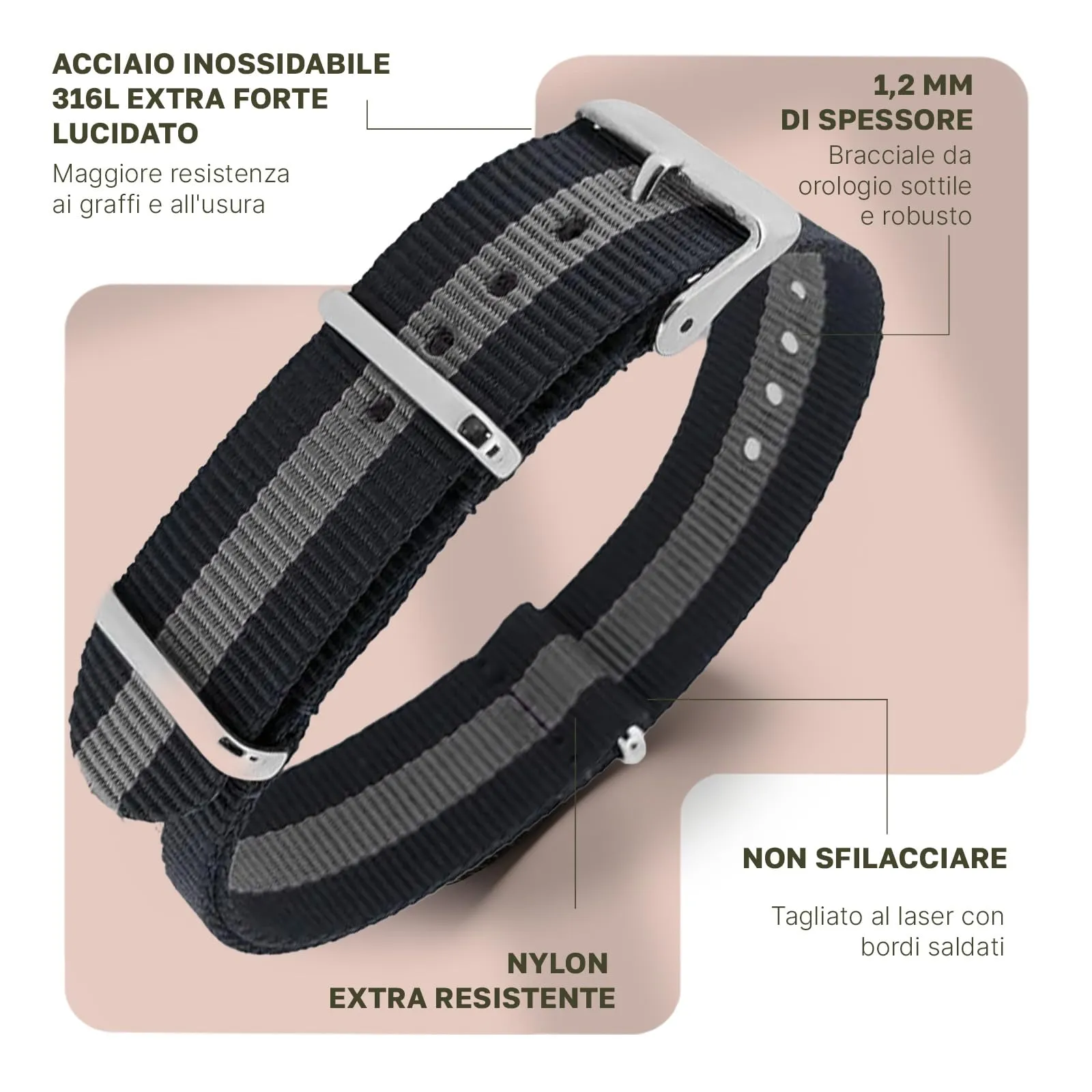 Natos.com - Cinturino NATO per Orologio in Nylon Militare G10, Uomo e Donna, Fibbia in Acciaio Inossidabile - 18mm 20mm - immagine 2
