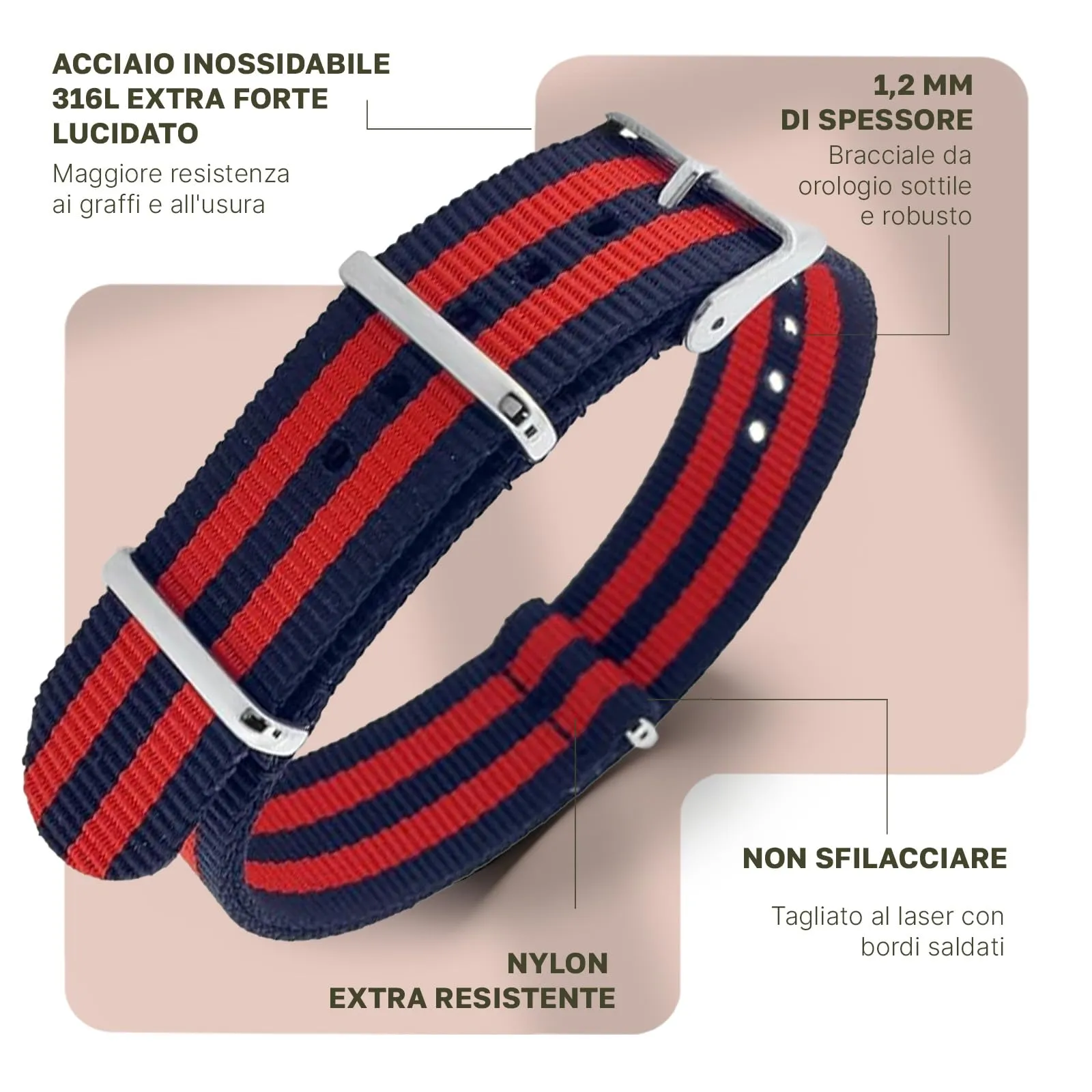 Natos.com - Cinturino NATO per Orologio in Nylon Militare G10, Uomo e Donna, Fibbia in Acciaio Inossidabile - 18mm 20mm 22mm - immagine 2