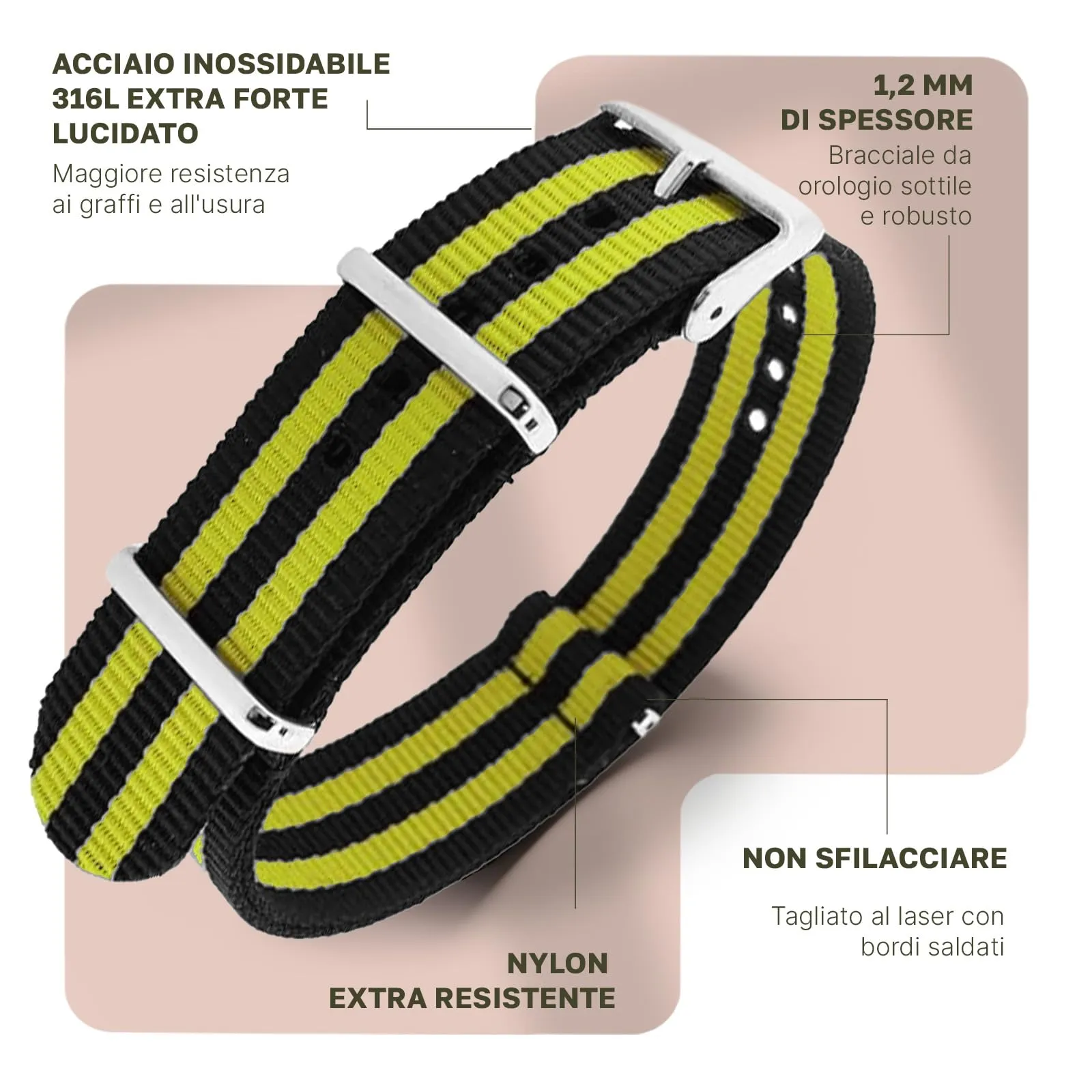 Natos.com - Cinturino NATO per Orologio in Nylon Militare G10, Uomo e Donna, Fibbia in Acciaio Inossidabile - 18mm 20mm 22mm - immagine 2