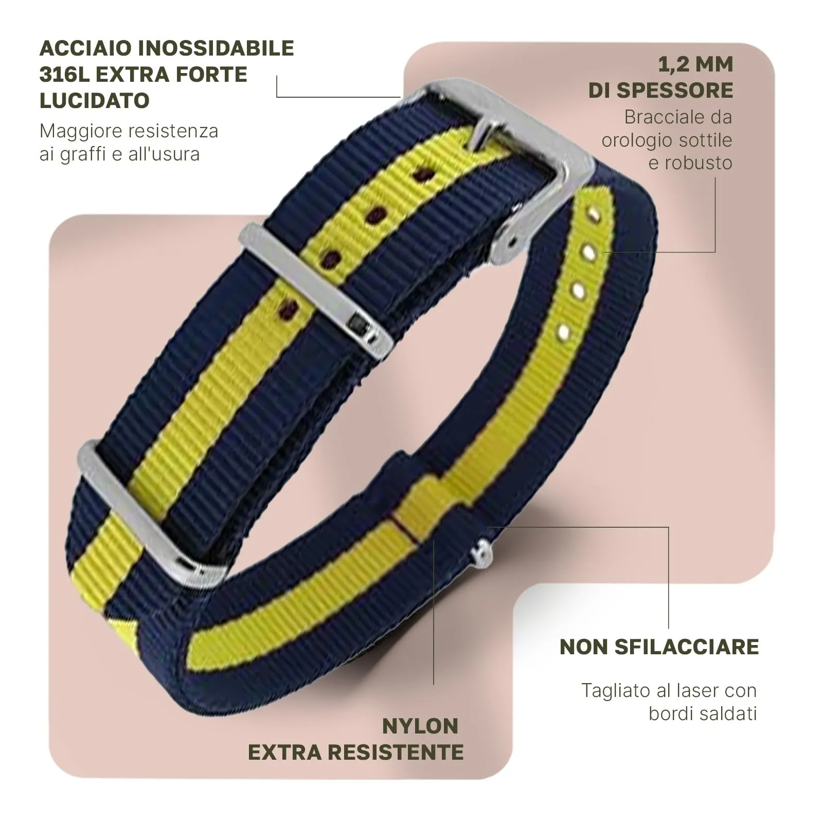 Natos.com - Cinturino NATO per Orologio in Nylon Militare G10, Uomo e Donna, Fibbia in Acciaio Inossidabile - 18mm 20mm 22mm - immagine 2