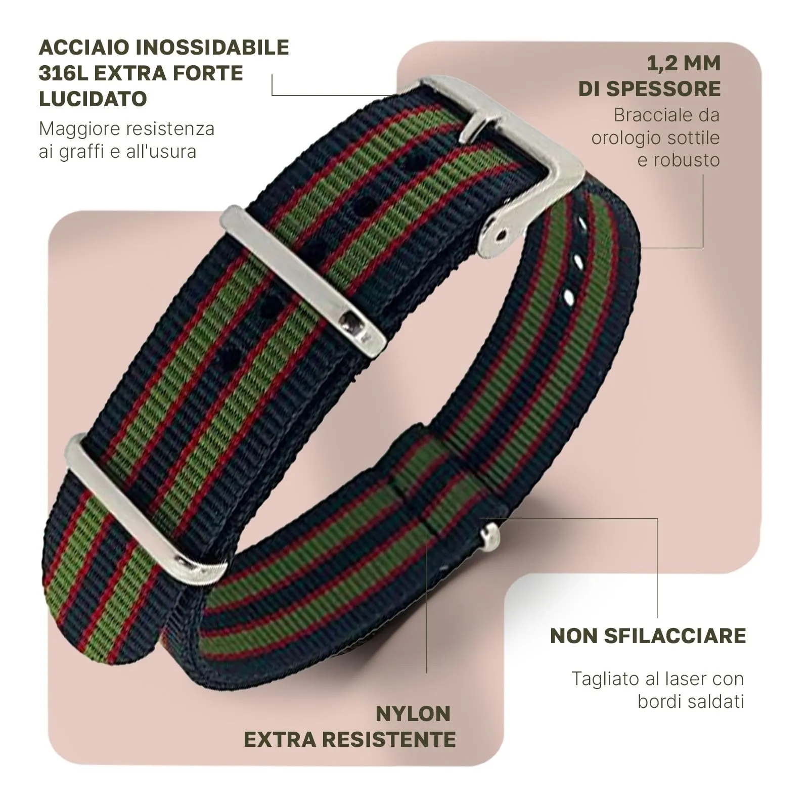 Natos.com - Cinturino NATO per Orologio in Nylon Militare G10, Uomo e Donna, Fibbia in Acciaio Inossidabile - 18mm 19mm 20mm 21mm 22mm - immagine 2