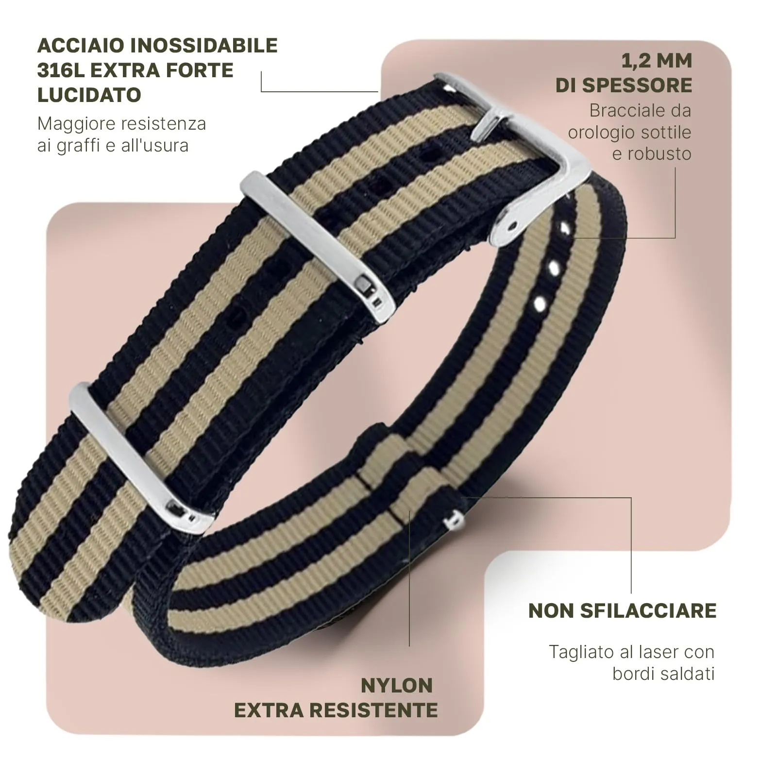 Natos.com - Cinturino NATO per Orologio in Nylon Militare G10, Uomo e Donna, Fibbia in Acciaio Inossidabile - 18mm 20mm 22mm - immagine 2