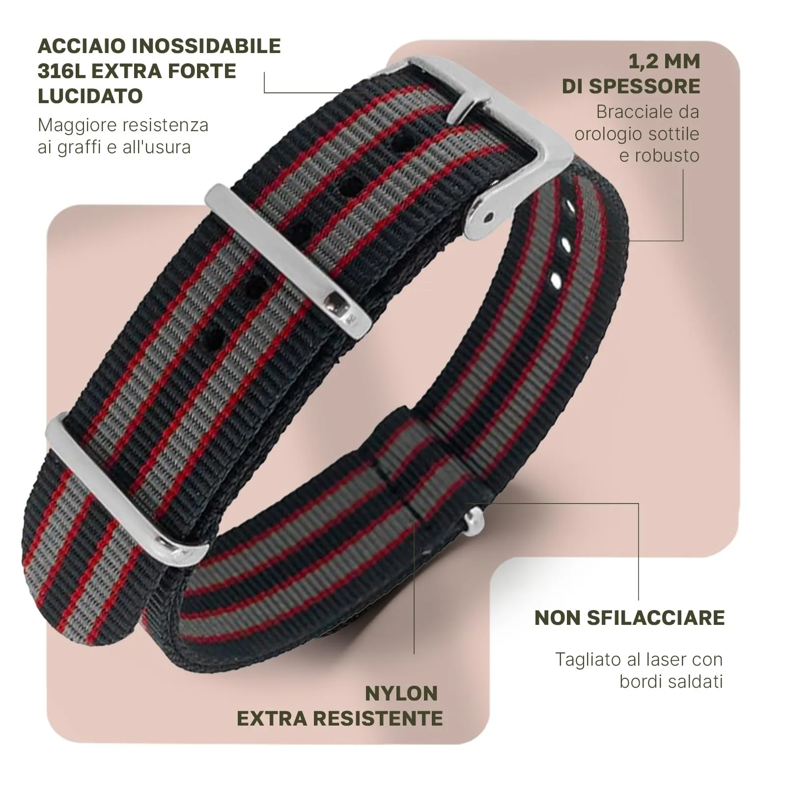 Natos.com - Cinturino NATO per Orologio in Nylon Militare G10, Uomo e Donna, Fibbia in Acciaio Inossidabile - 18mm 20mm 22mm - immagine 2
