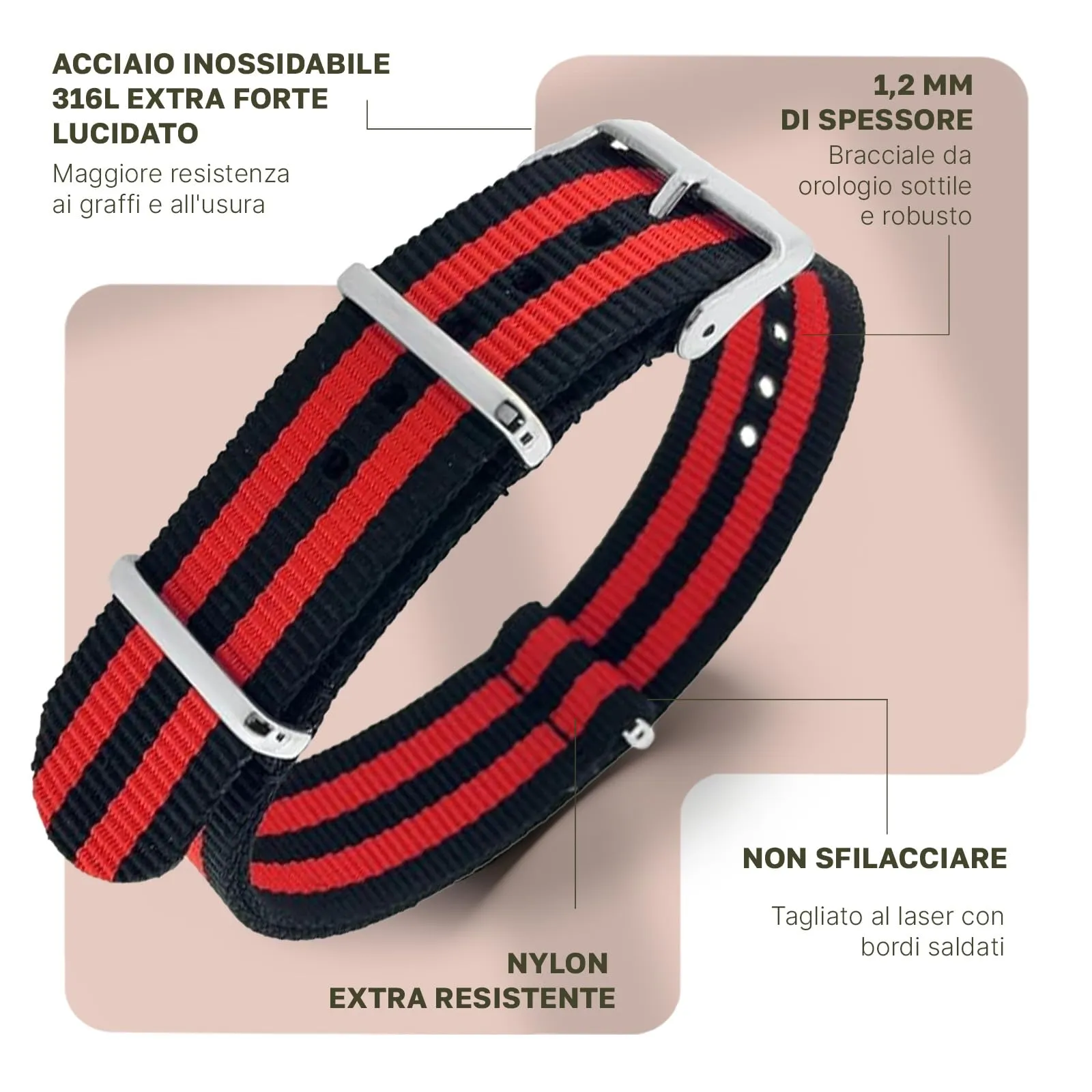 Natos.com - Cinturino NATO per Orologio in Nylon Militare G10, Uomo e Donna, Fibbia in Acciaio Inossidabile - 18mm 20mm 22mm 24mm - immagine 2