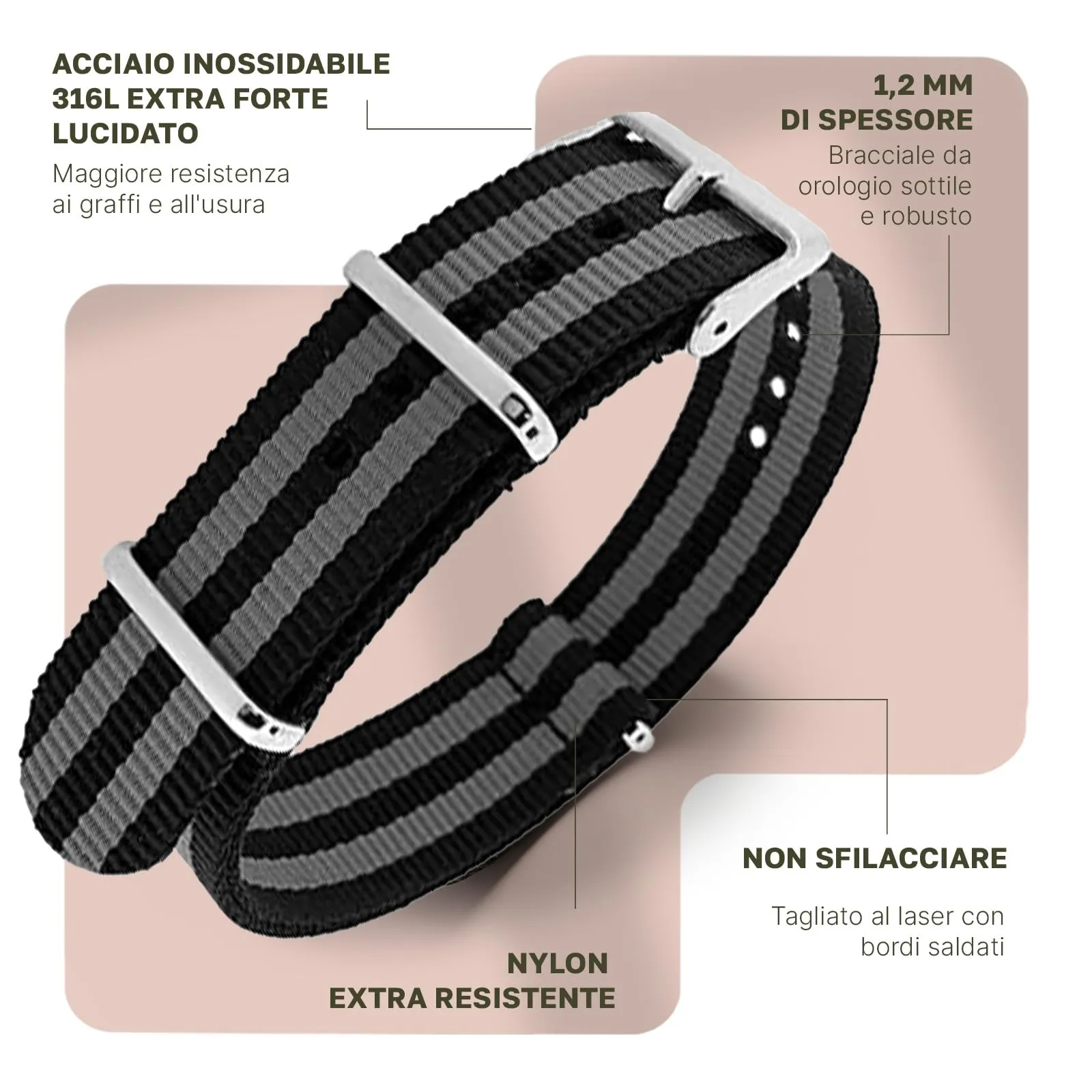 Natos.com - Cinturino NATO per Orologio in Nylon Militare G10, Uomo e Donna, Fibbia in Acciaio Inossidabile - 18mm 19mm 20mm 21mm 22mm - immagine 2