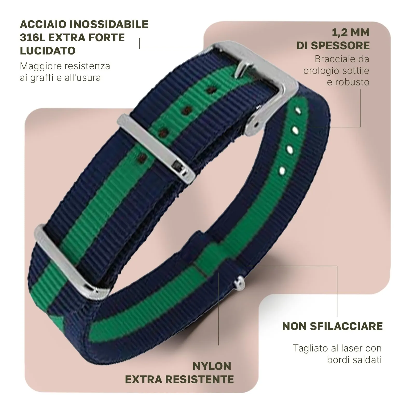 Natos.com - Cinturino NATO per Orologio in Nylon Militare G10, Uomo e Donna, Fibbia in Acciaio Inossidabile - 16mm 18mm 20mm 22mm - immagine 2