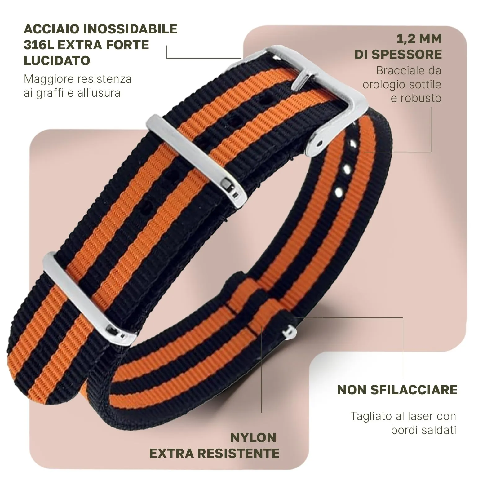 Natos.com - Cinturino NATO per Orologio in Nylon Militare G10, Uomo e Donna, Fibbia in Acciaio Inossidabile - 18mm 20mm 22mm - immagine 2