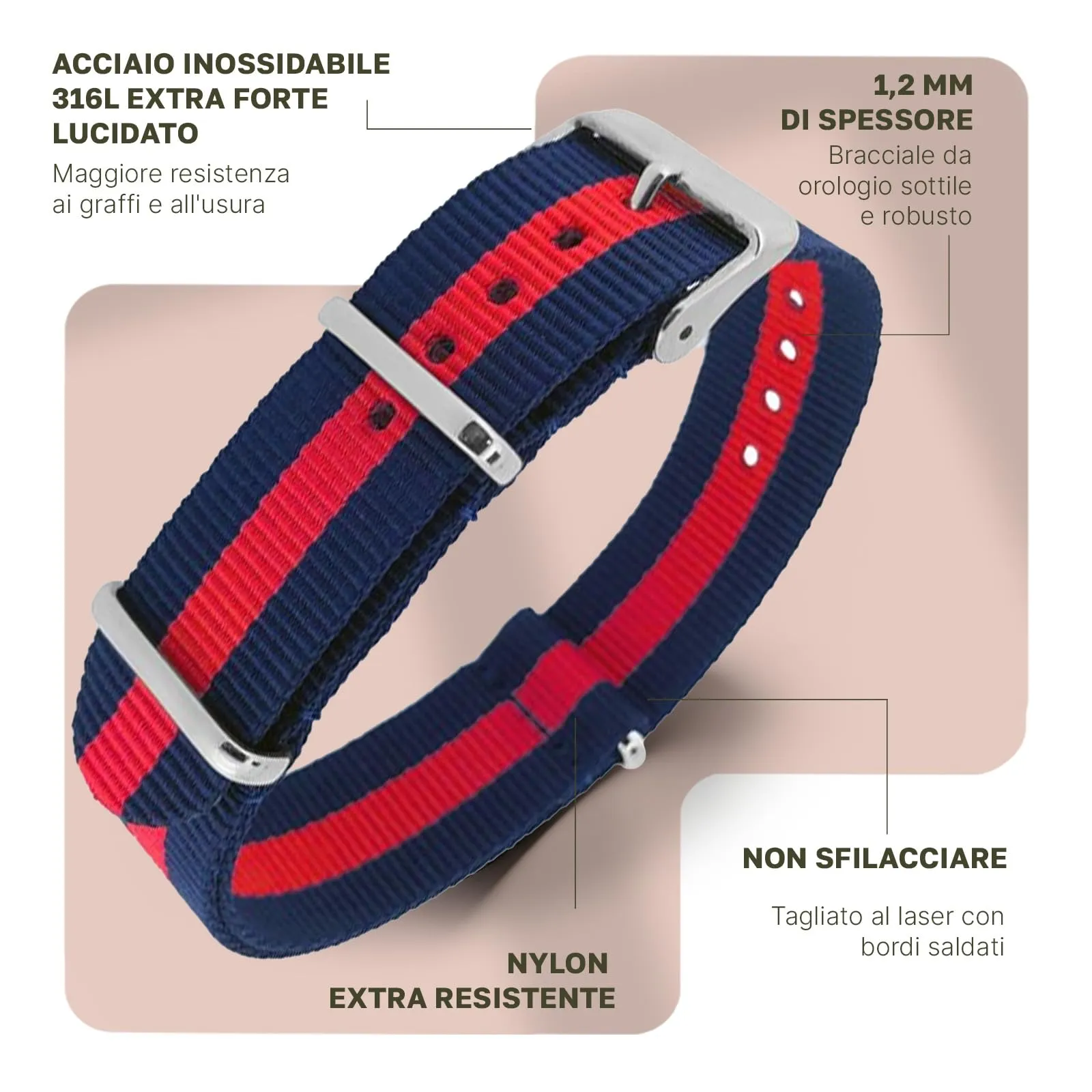 Cinturino NATO G10 in nylon militare - Blu navy e rosso, 20 mm - immagine 2