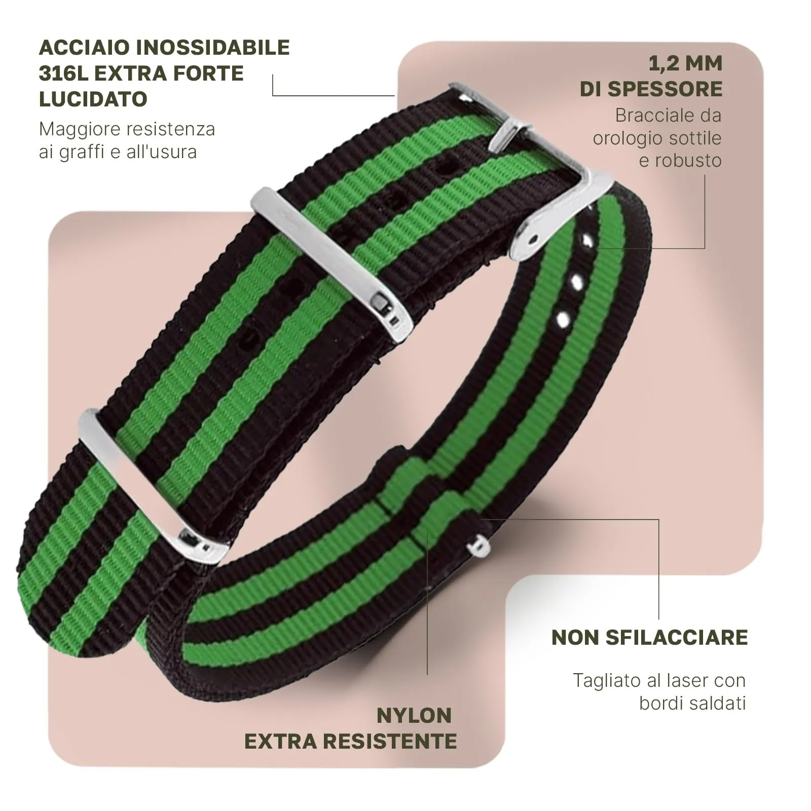 Natos.com - Cinturino NATO per Orologio in Nylon Militare G10, Uomo e Donna, Fibbia in Acciaio Inossidabile - 20mm 22mm - immagine 2