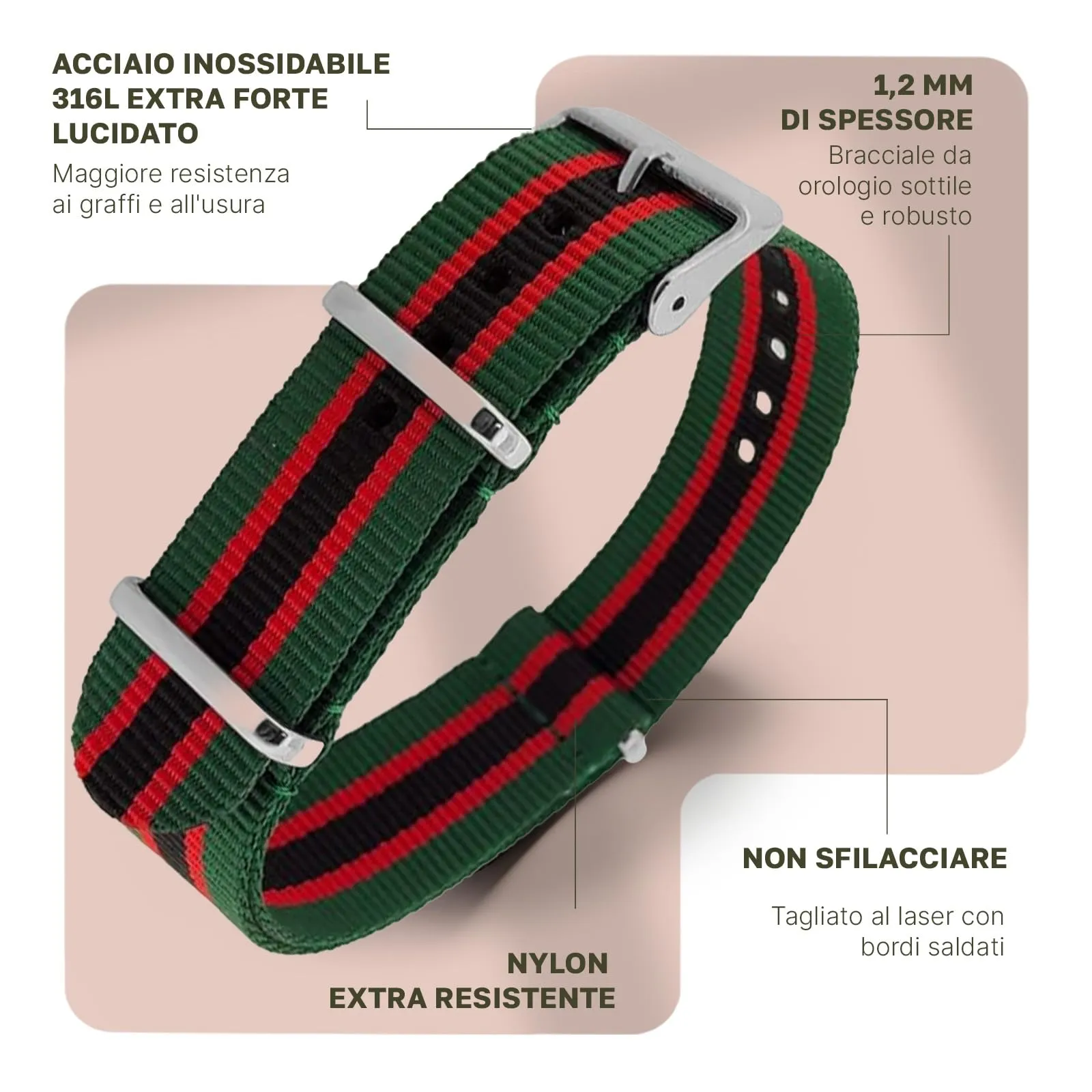 Natos.com - Cinturino NATO per Orologio in Nylon Militare G10, Uomo e Donna, Fibbia in Acciaio Inossidabile - 18mm 20mm 22mm - immagine 2