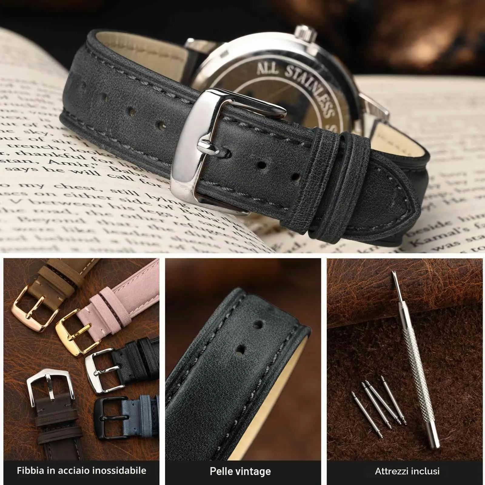 WOCCI 18mm Vintage Cinturino Orologio in Pelle con Fibbia Argento, Cinturino di Ricambio (Grigio Scuro) - immagine 3