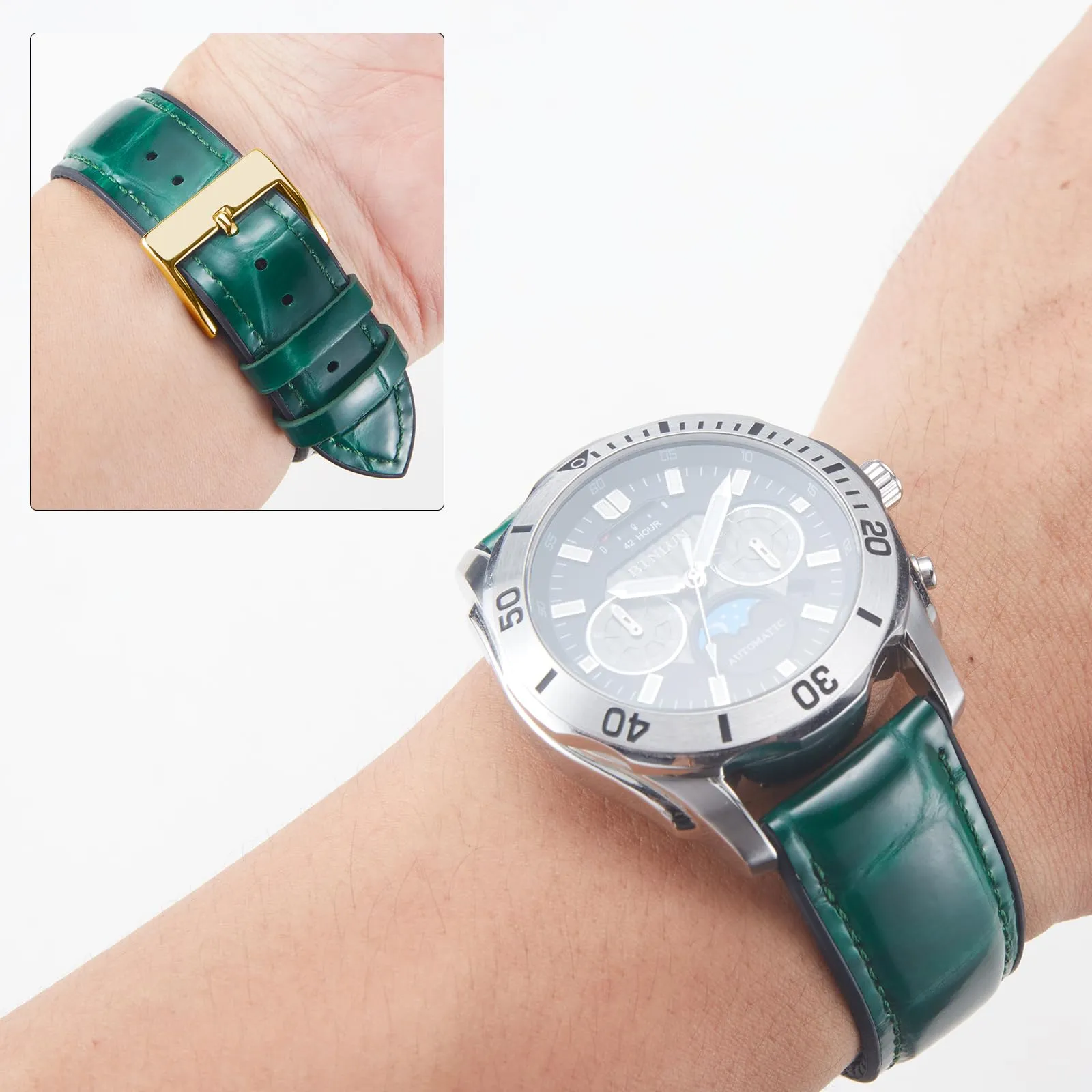 BINLUN Cinturino per Orologio in Pelle 22mm 21mm 20mm 19mm 18mm 16mm 14mm Pelle Modello Alligatore e Silicone Ibrido Cinturini di Ricambio Retrò Cinturino a Sgancio Rapido per Uomo Donna(16mm,Verde) - immagine 3