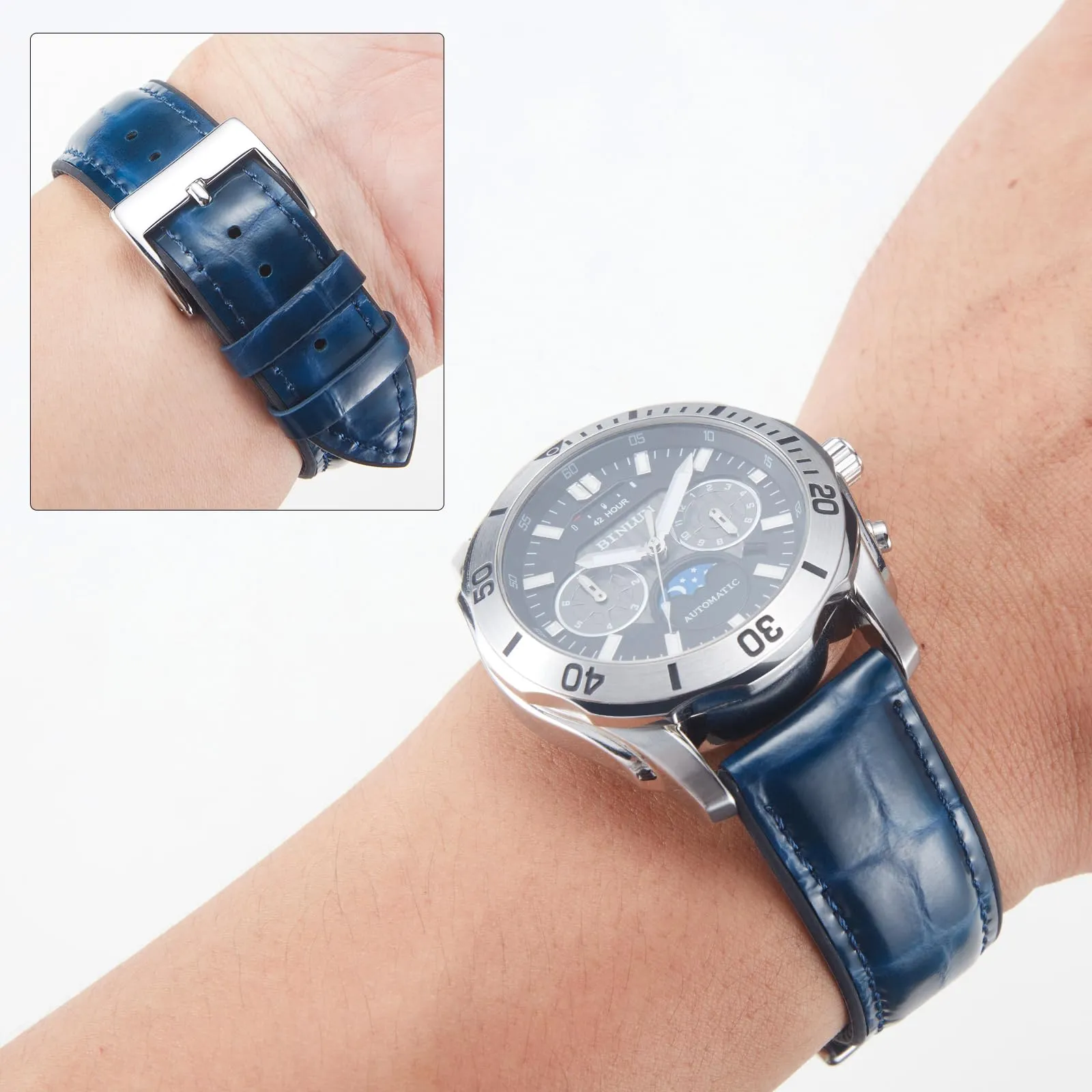 BINLUN Cinturino per Orologio in Pelle 22mm 21mm 20mm 19mm 18mm 16mm 14mm Pelle Modello Alligatore e Silicone Ibrido Cinturini di Ricambio Retrò Cinturino a Sgancio Rapido per Uomo Donna(20mm,Blu) - immagine 3