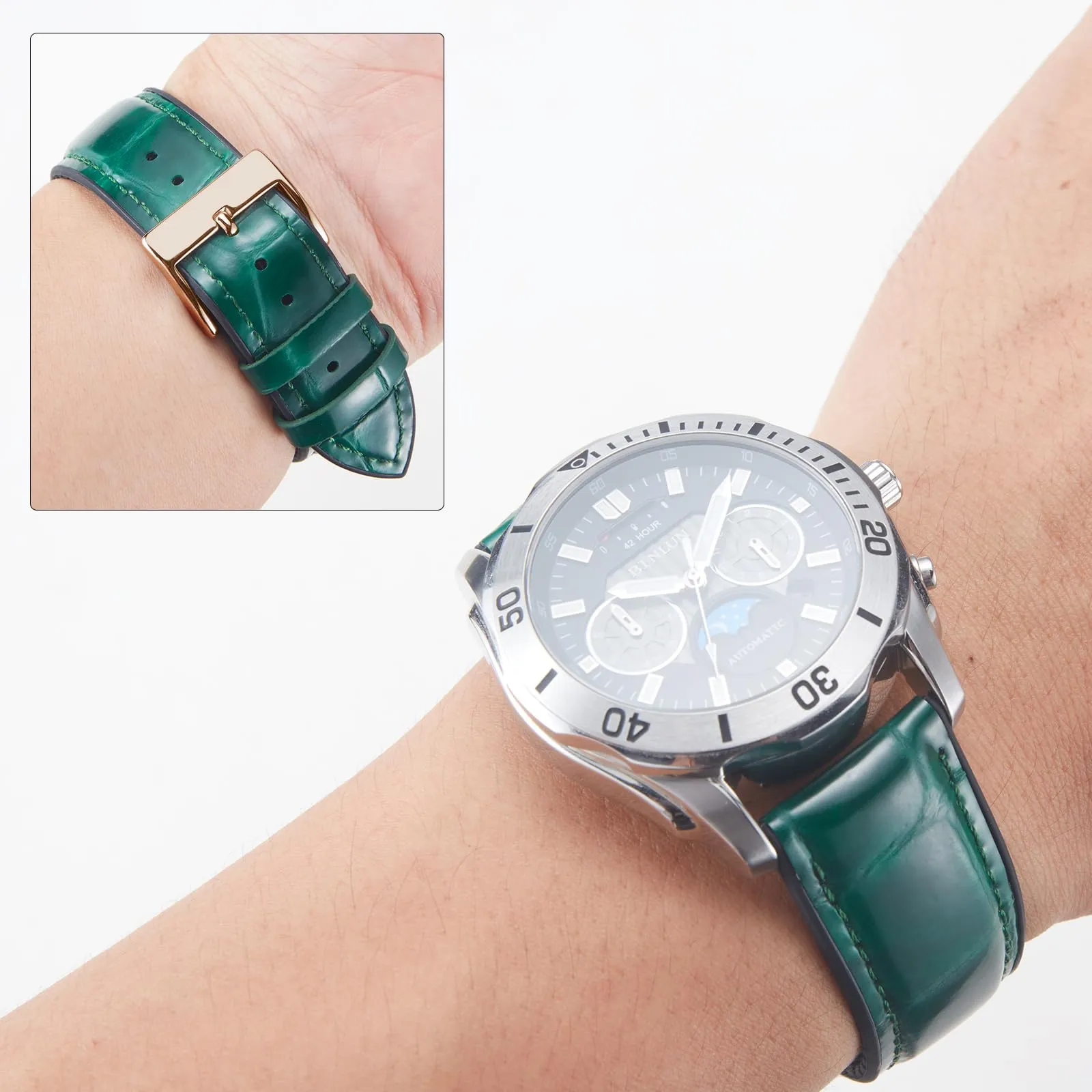 BINLUN Cinturino per Orologio in Pelle 22mm 21mm 20mm 19mm 18mm 16mm 14mm Pelle Modello Alligatore e Silicone Ibrido Cinturini di Ricambio Retrò Cinturino a Sgancio Rapido per Uomo Donna(19mm,Verde) - immagine 3