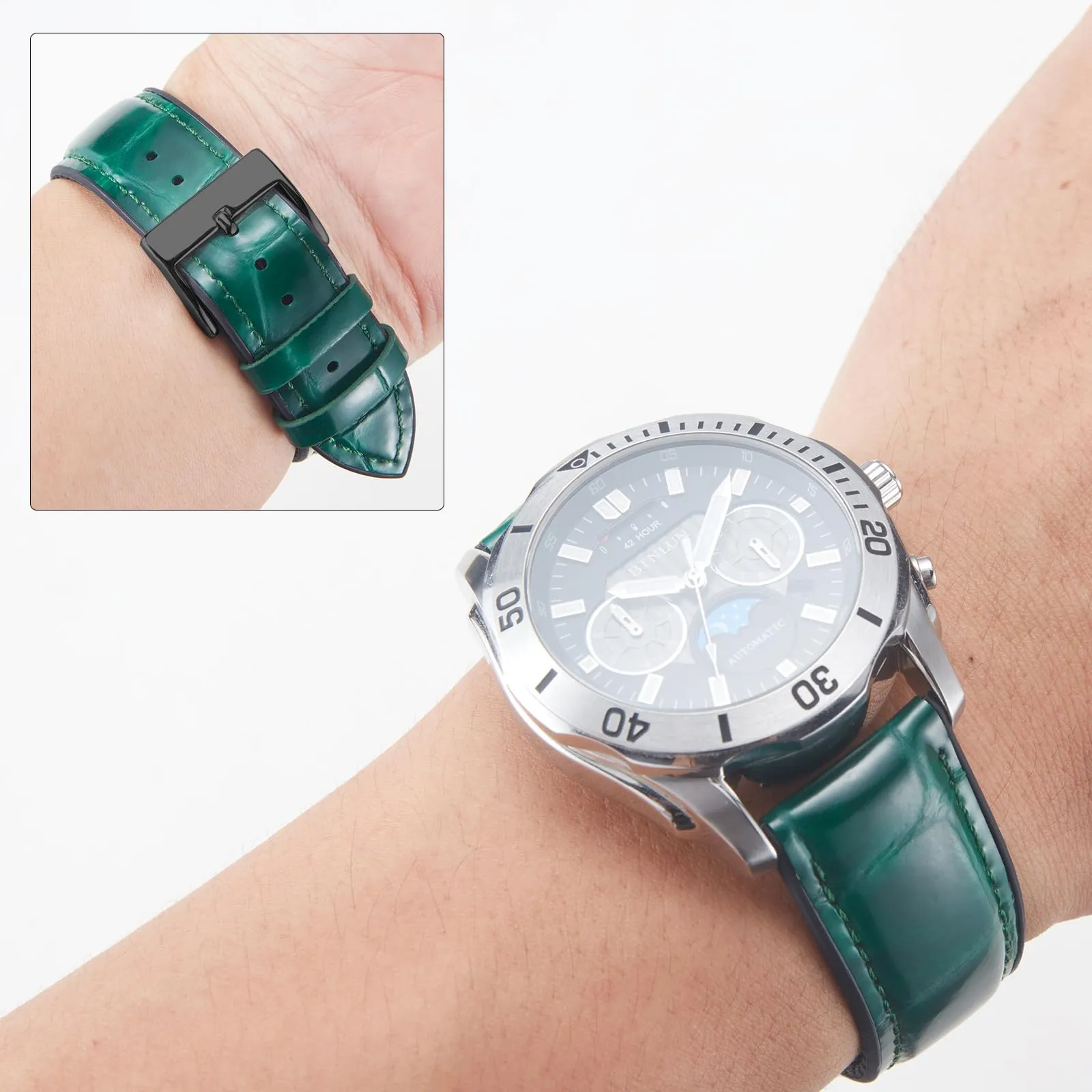 BINLUN Cinturino per Orologio in Pelle 22mm 21mm 20mm 19mm 18mm 16mm 14mm Pelle Modello Alligatore e Silicone Ibrido Cinturini di Ricambio Retrò Cinturino a Sgancio Rapido per Uomo Donna(14mm,Verde) - immagine 3