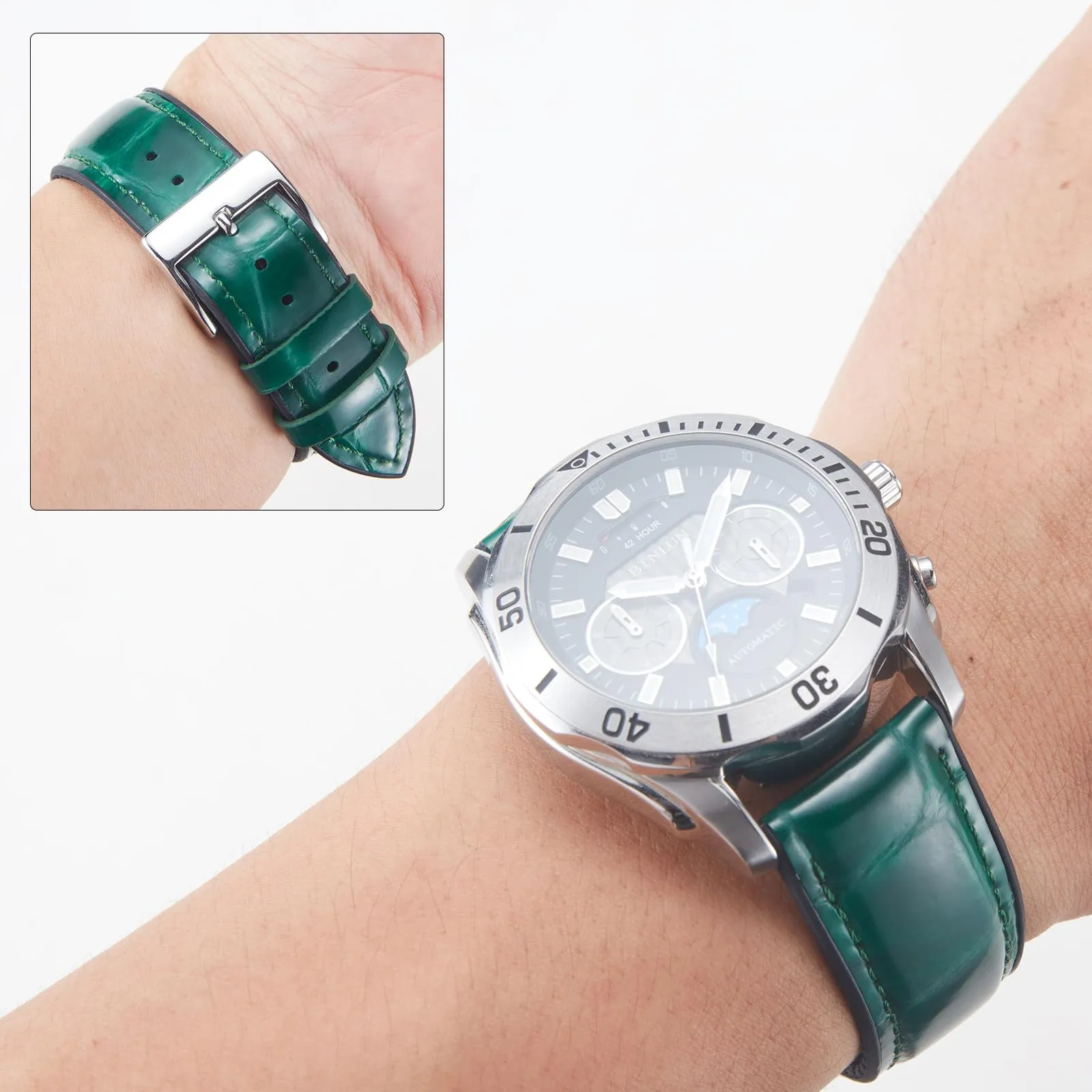 BINLUN Cinturino per Orologio in Pelle 22mm 21mm 20mm 19mm 18mm 16mm 14mm Pelle Modello Alligatore e Silicone Ibrido Cinturini di Ricambio Retrò Cinturino a Sgancio Rapido per Uomo Donna(19mm,Verde) - immagine 3