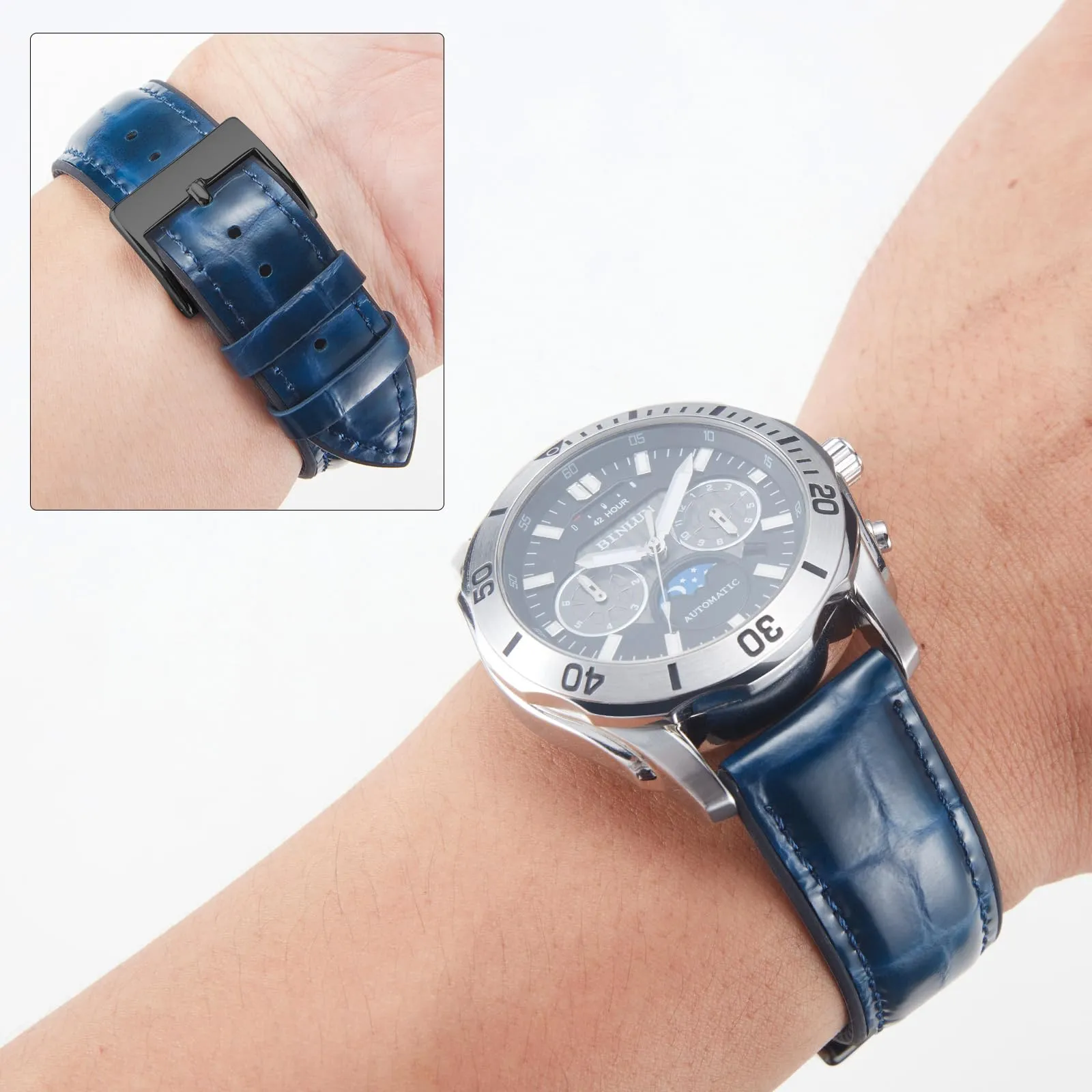 BINLUN Cinturino per Orologio in Pelle 22mm 21mm 20mm 19mm 18mm 16mm 14mm Pelle Modello Alligatore e Silicone Ibrido Cinturini di Ricambio Retrò Cinturino a Sgancio Rapido per Uomo Donna(18mm,Blu) - immagine 3